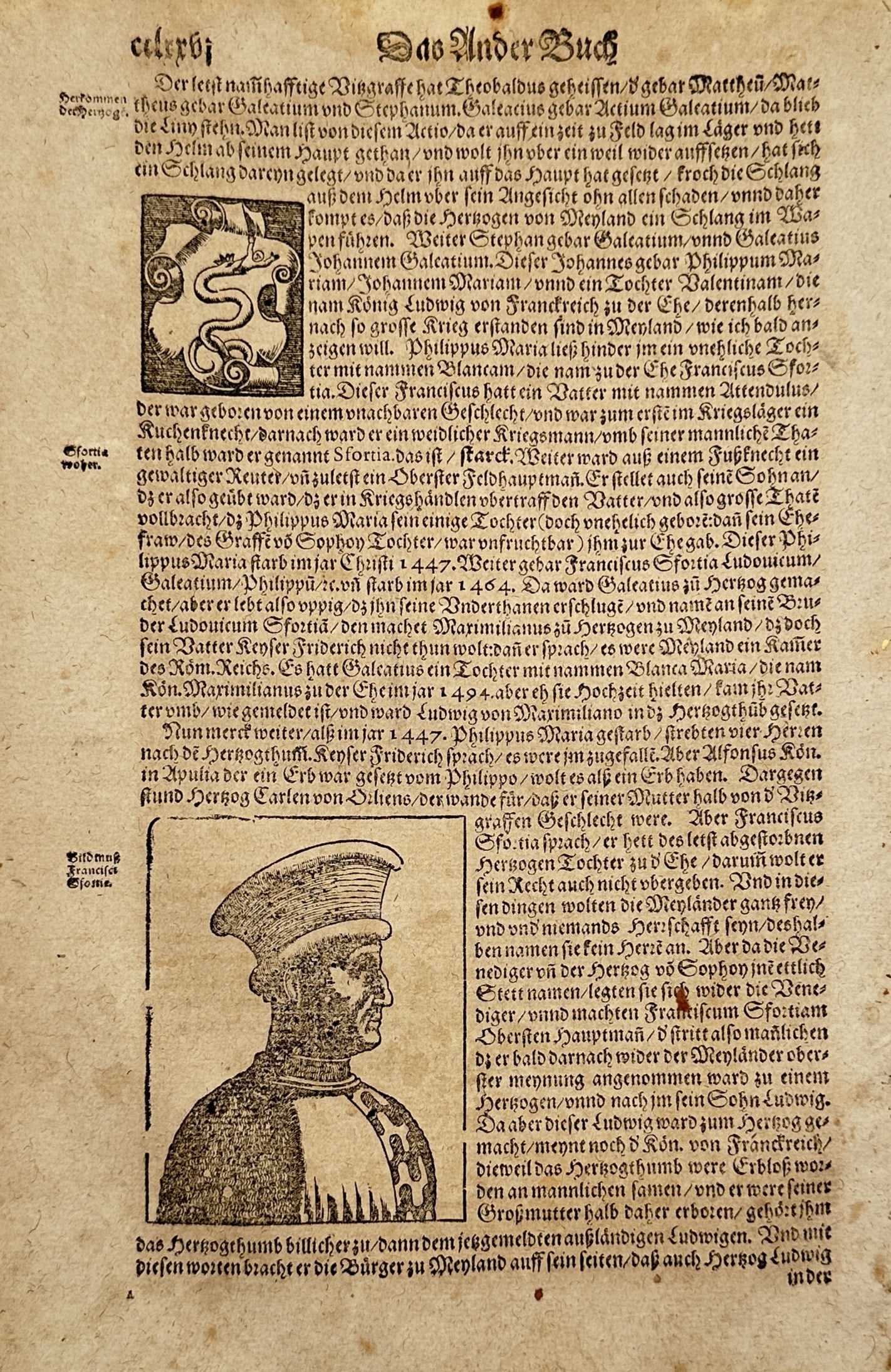 Sebastian Münster – On the Duchy of Milan, Visconti Arms and Francesco Sforza – Woodcut: "Das Ander Buch." This leaf features historical content from a German edition of Sebastian Münster's Cosmographia. The upper left presents a woodcut of the heraldic arms of the Visconti family of Mil