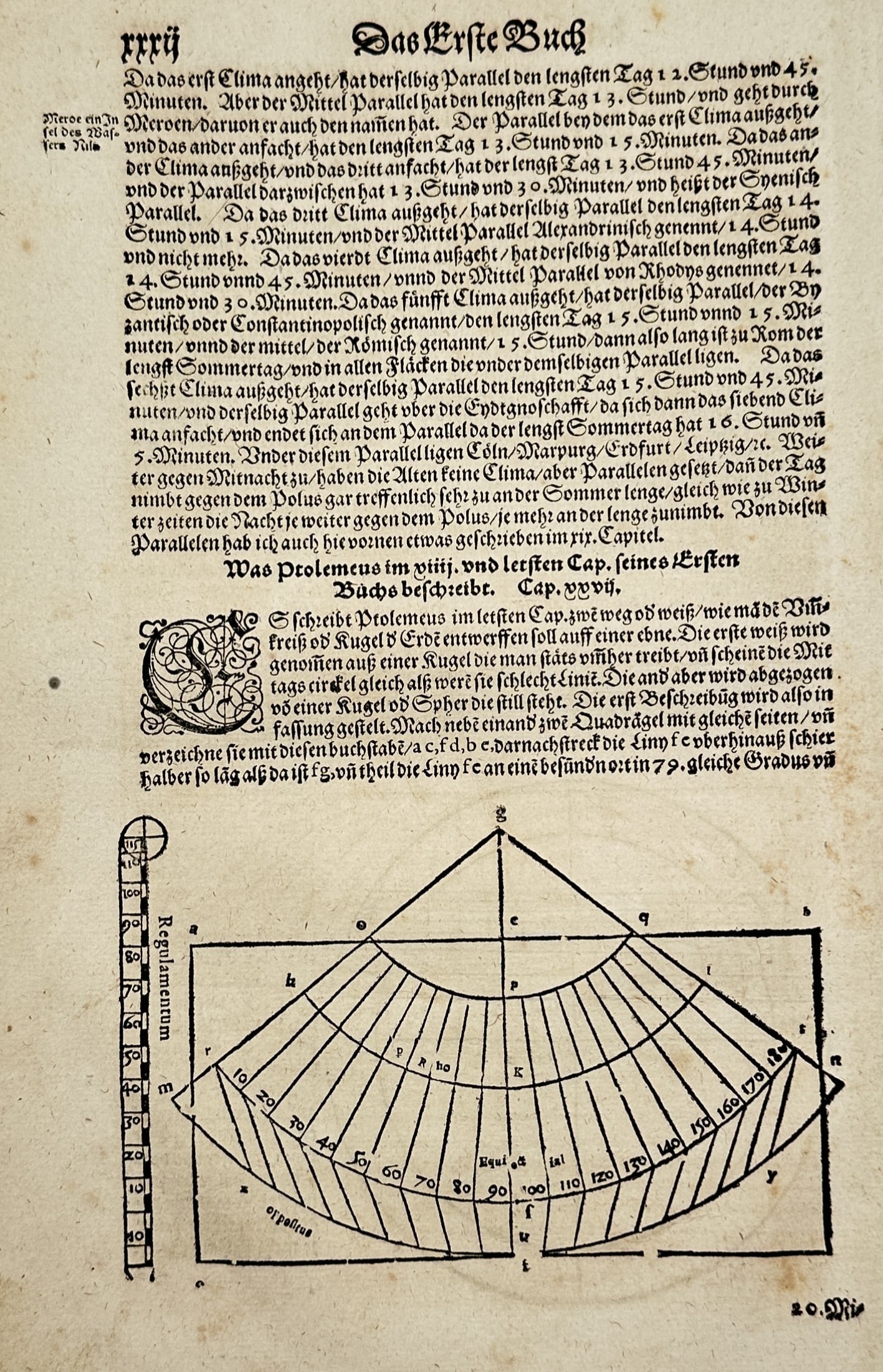 Sebastian Münster – On Ptolemy's Map Projection – Woodcut (c. 1544–1570): This leaf features geographical and cartographical principles from a German edition of Sebastian Münster's Cosmographia. The lower half displays a technical woodcut diagram demonstrating Claudius Pto