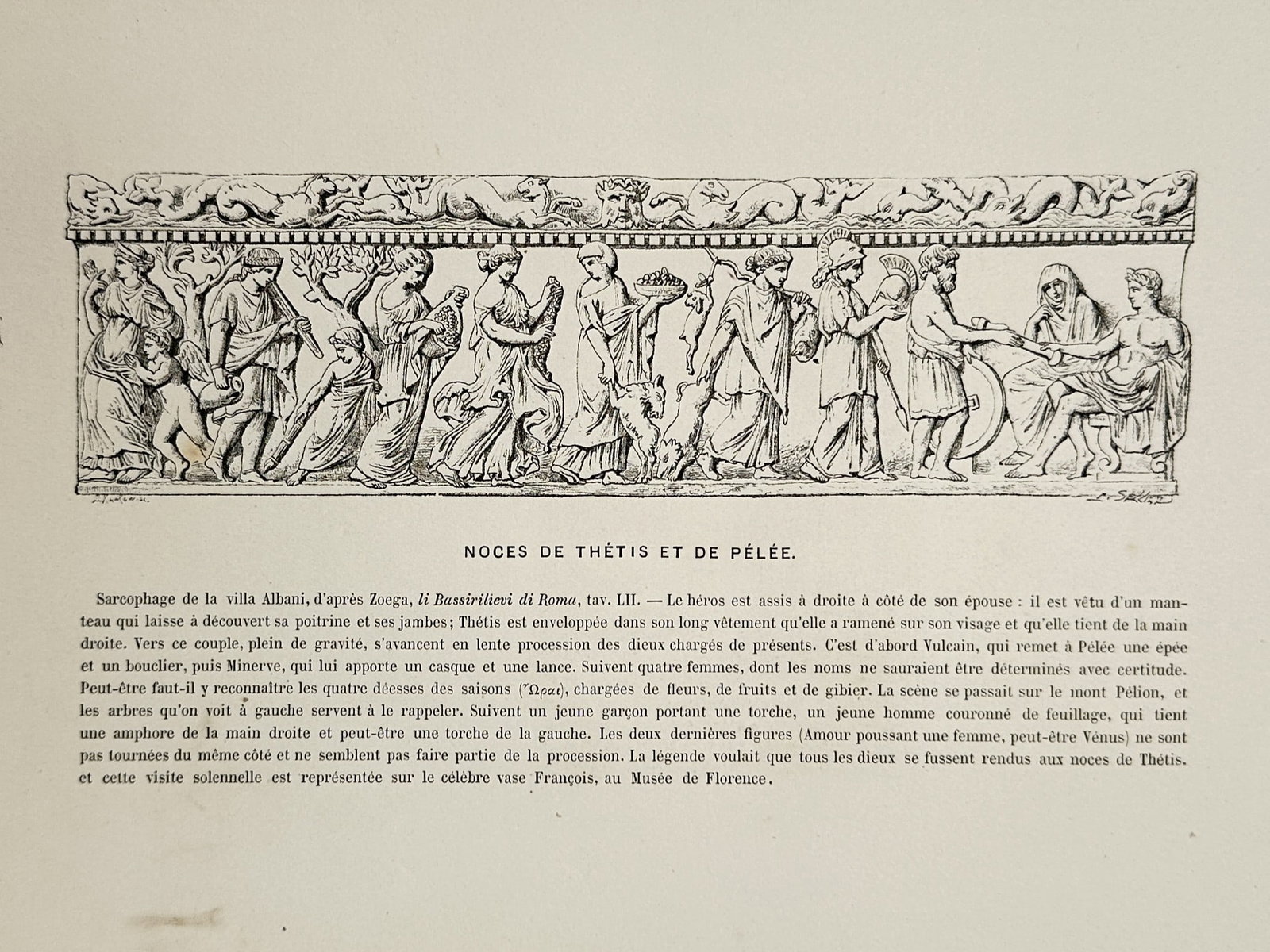 Victor Duruy (1811–1894) – The Wedding of Thetis and Peleus – Engraving (1883–1888): "Noces de Thétis et de Pélée." This print features an archaeological illustration replicating the relief carving of a famous ancient sarcophagus from the Villa Albani, originally documented by Geor
