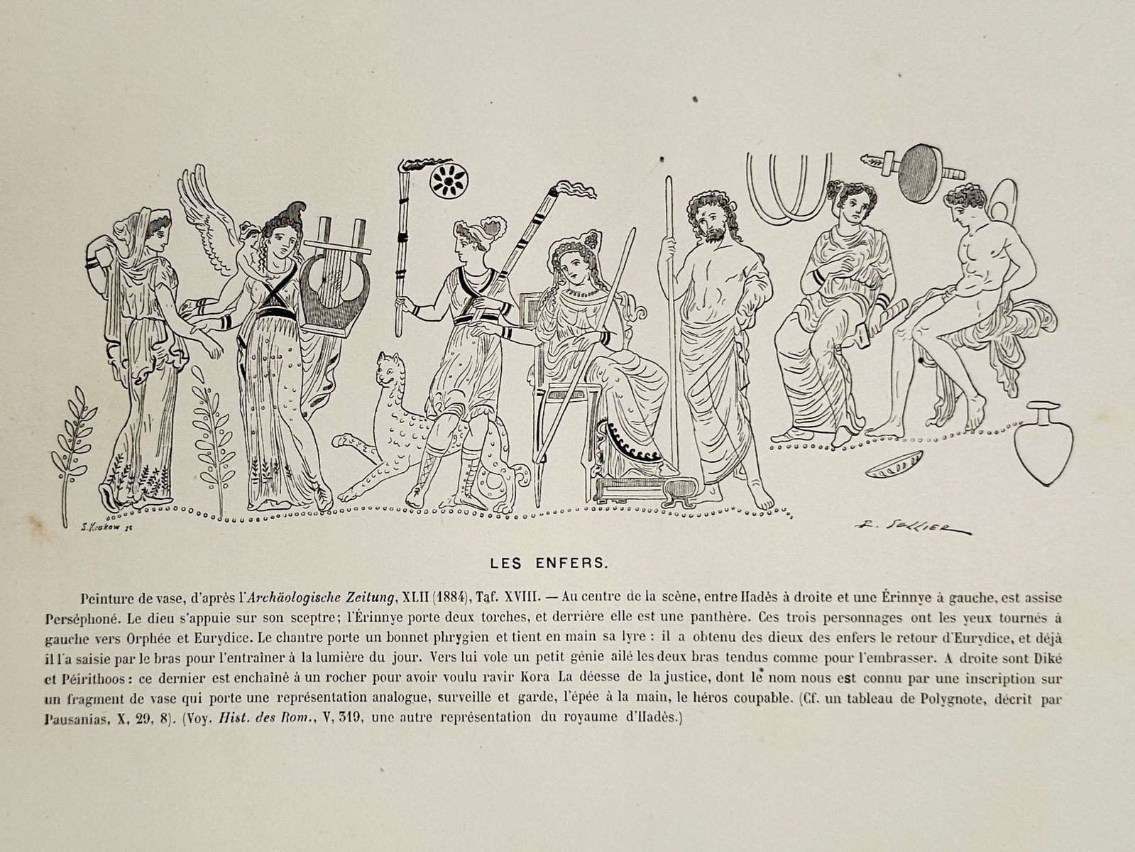 Victor Duruy (1811–1894) – The Underworld (Les Enfers) – Engraving (1883–1888): "Les Enfers." This print features an archaeological illustration replicating a classical Greek vase painting originally documented in the Archäologische Zeitung. The composition portrays the realm of
