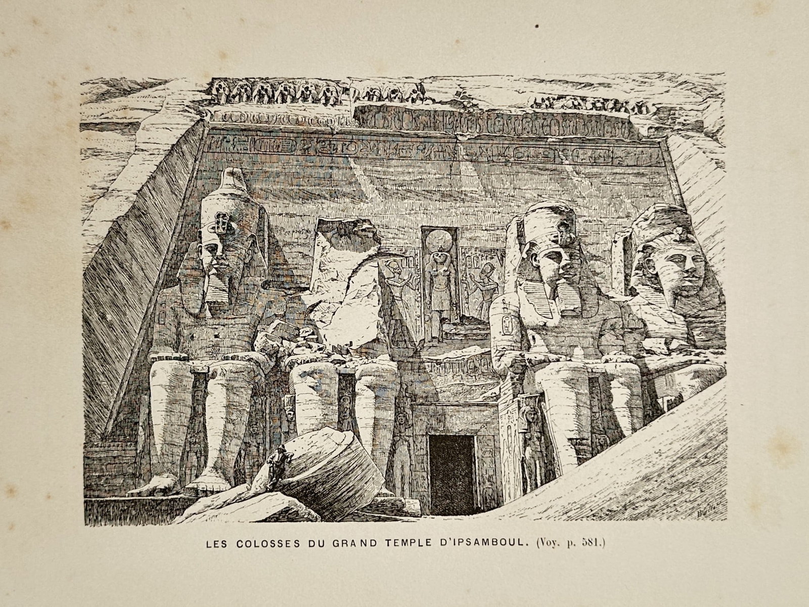 Victor Duruy (1811–1894) – The Colossi of the Great Temple of Abu Simbel – Engraving: "Les Colosses du Grand Temple d'Ipsamboul." This print features an archaeological illustration replicating the monumental facade of the Great Temple of Ramesses II at Abu Simbel in Egypt. The composit