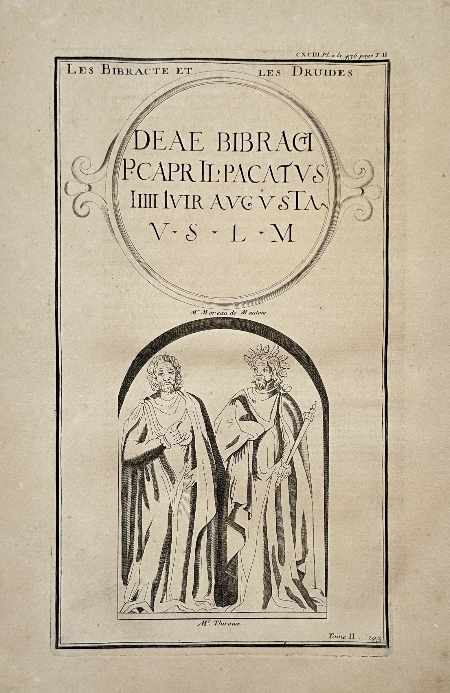 Bernard de Montfaucon (1655–1741) – Classical Inscription and Gaulish Druids – Engraving: Les Bibracte et les Druides. This plate features an antiquarian archeological study from Dom Bernard de Montfaucon s monumental multi volume publication L Antiquite expliquee et representee en figures
