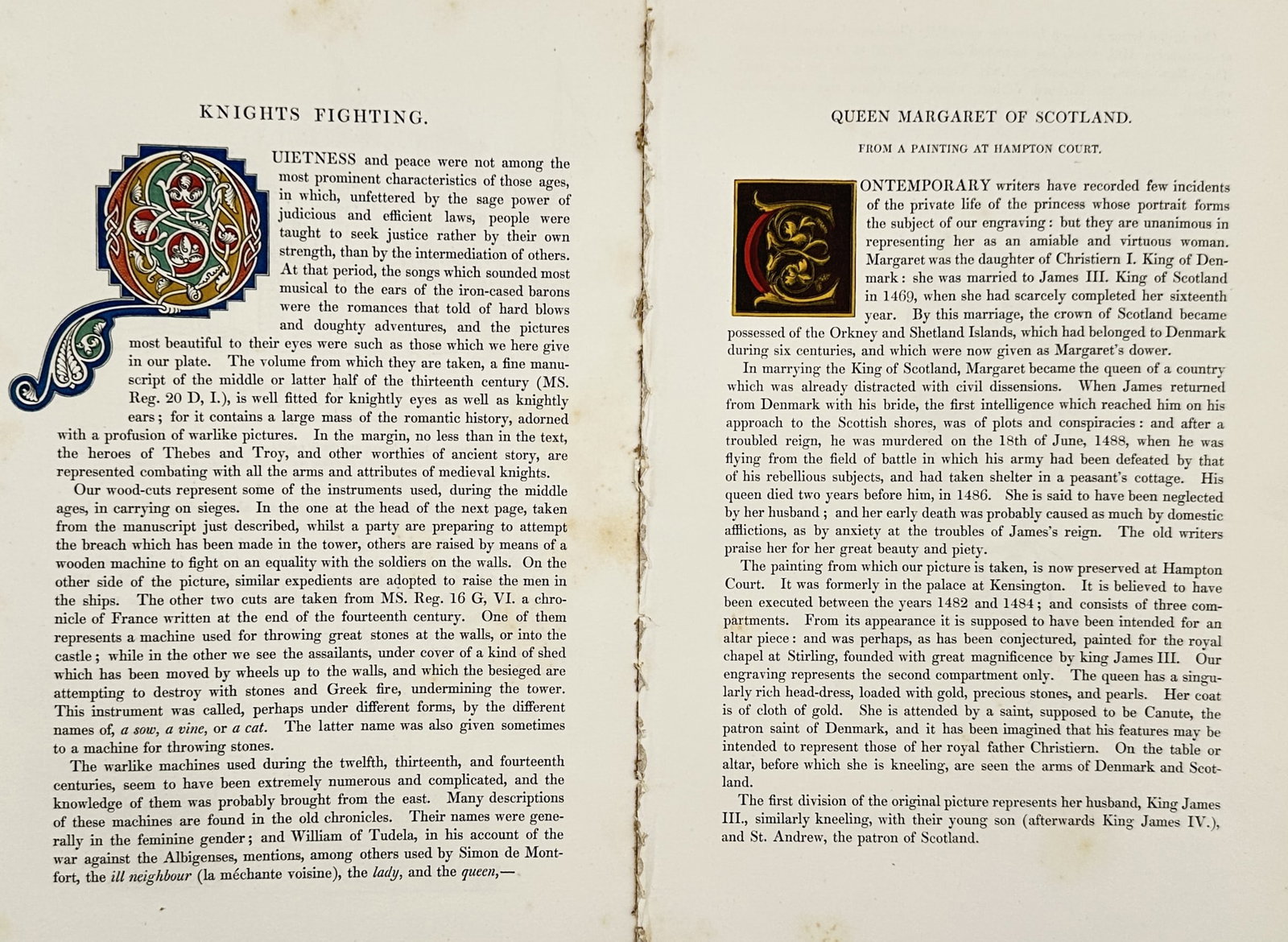 Henry Shaw – Set of 2: Knights Fighting and Queen Margaret of Scotland – Wood Engraving (1843): Knights Fighting / Queen Margaret of Scotland. These plates feature a double leaf typographical and decorative layout from Henry Shaw s celebrated work Dresses and Decorations of the Middle Ages, publ