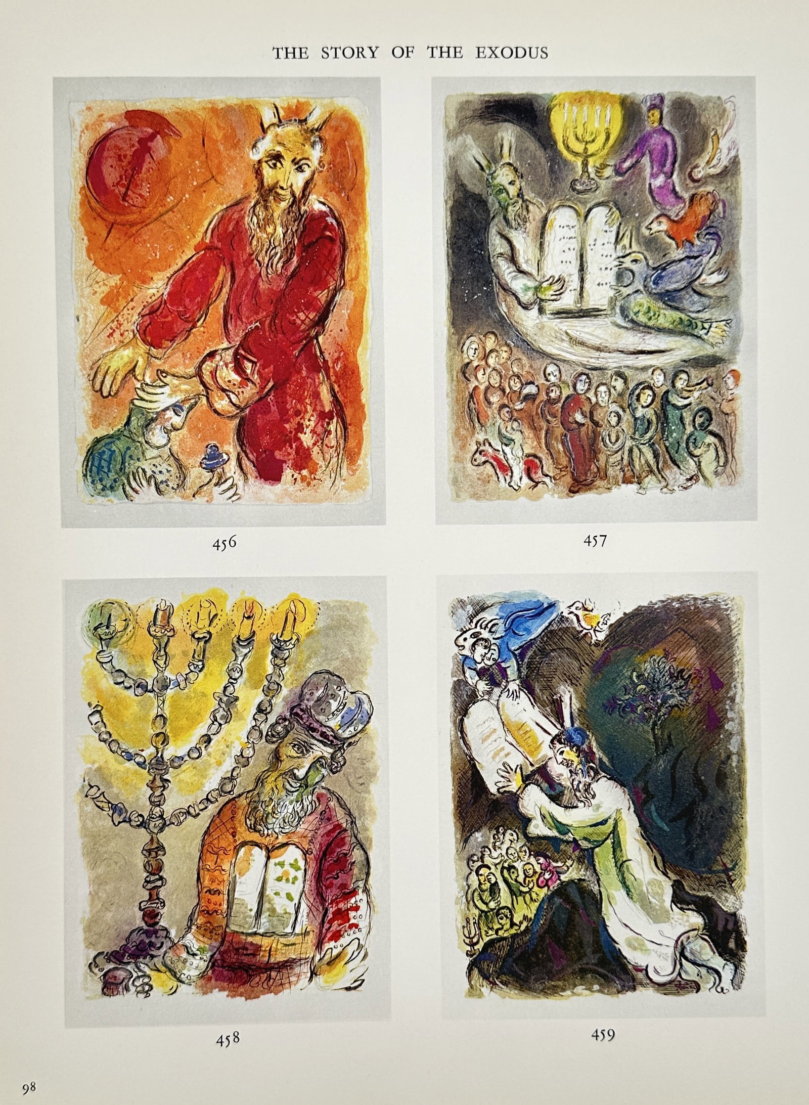 Marc Chagall (1887–1985), after – The Story of the Exodus – Offset print (20th Century): The Story of the Exodus. This plate features four distinct biblical vignettes after lithographs by Marc Chagall, published as a composite review or catalog entry page from a twentieth century art publ
