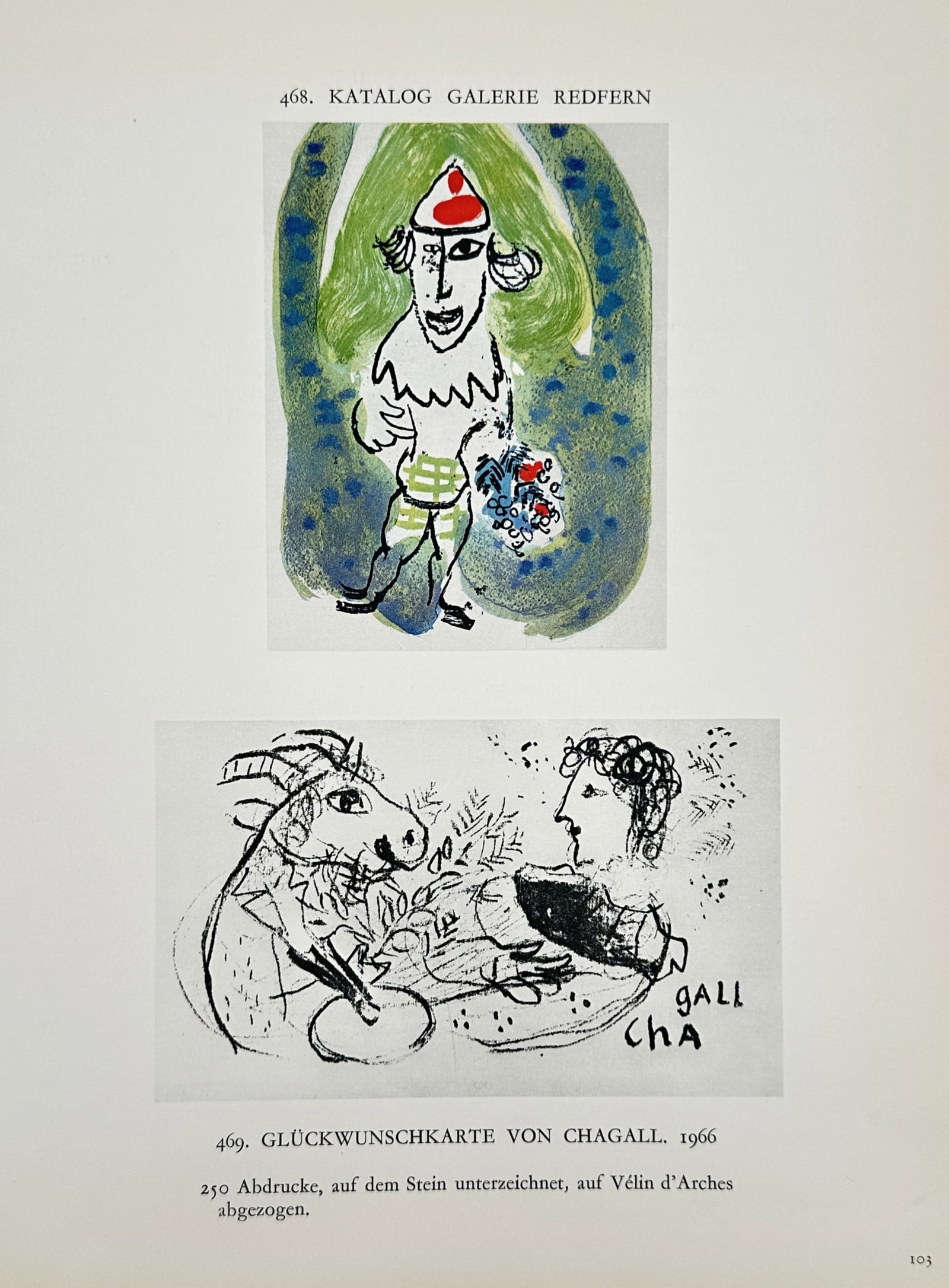 Marc Chagall (1887–1985), after – Katalog Galerie Redfern – Offset print (20th Century): This plate features two distinct artistic vignettes after lithographic works by Marc Chagall, published as a composite entry page from a twentieth century German art collection catalog. The upper vert