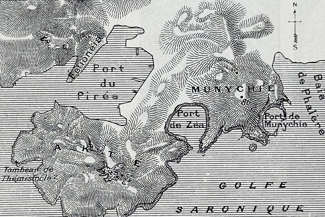 Victor Duruy (1811–1894) – Map of the Piraeus Peninsula and Theban Coinage – Wood Engraving: Presqu'ile du Pirée / Monnaie de Thèbes. This plate features a historical and geographical text page from Victor Duruy's monumental publication Histoire des Grecs, printed by Hachette in Paris. The 