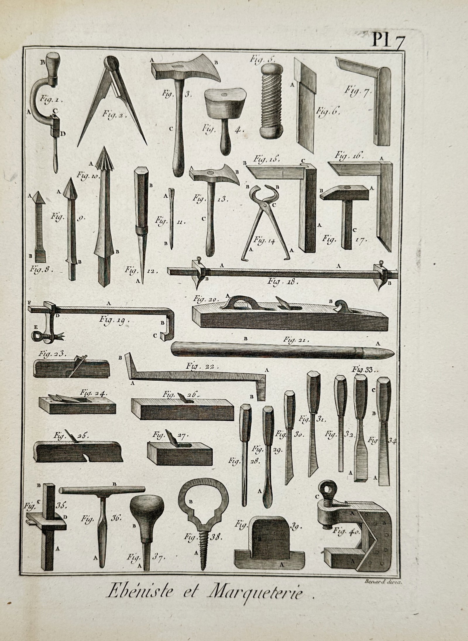 Robert Bénard – Technical Catalog of Cabinetmaking and Marquetry Tools – Engraving: "Ebéniste et Marqueterie". This plate features a comprehensive tool catalog and technical schematic from Denis Diderot and Jean le Rond d'Alembert's L'Encyclopédie, published in Paris. The vertical 