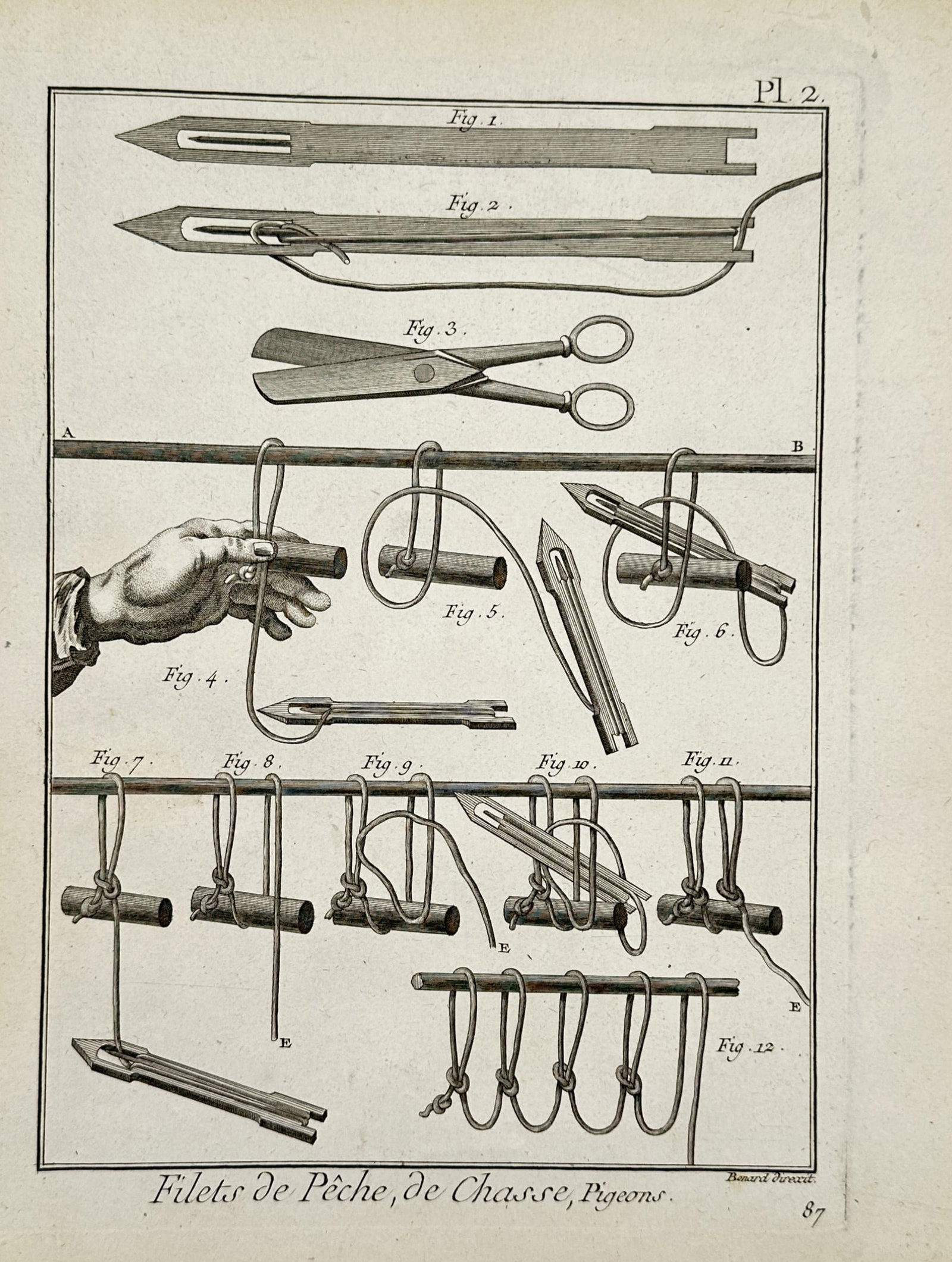 Robert Bénard – Technical Instructions for Weaving Fishing and Hunting Nets – Engraving: "Filets de Pêche, de Chasse, Pigeons". This plate features an instructional design and technical schematic from Denis Diderot and Jean le Rond d'Alembert's L'Encyclopédie, published in Paris. The ve