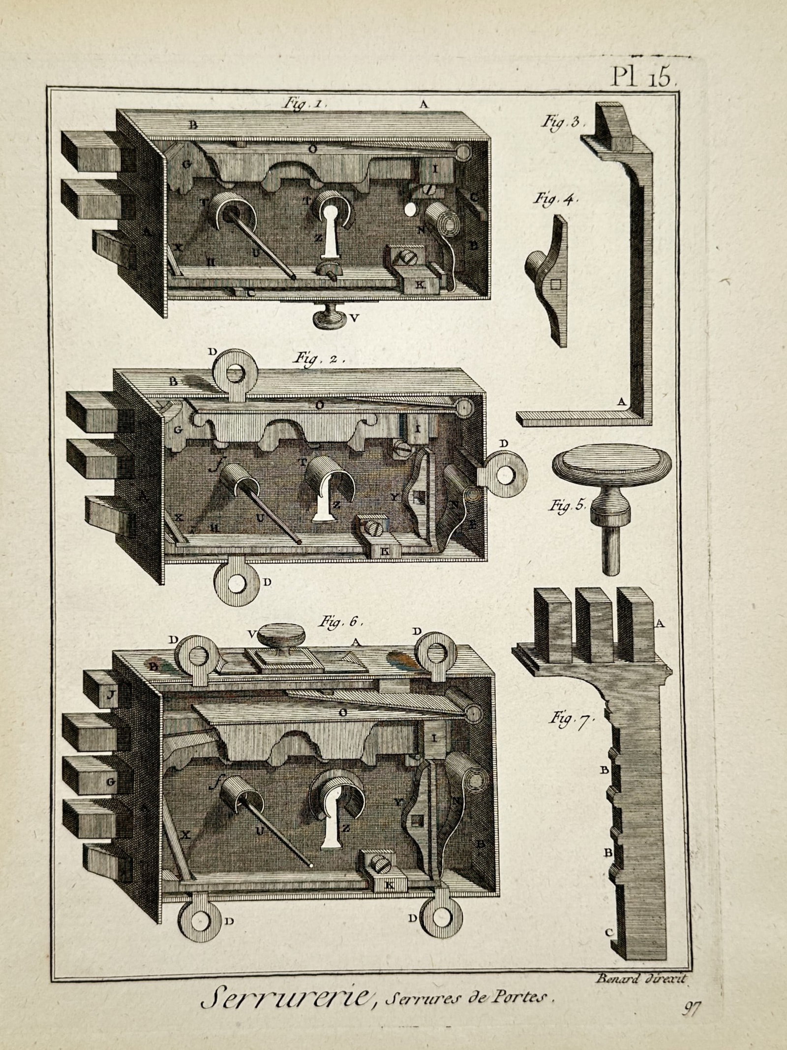 Robert Bénard – Technical Diagrams of Door Lock Mechanisms – Engraving (c. 1762–1772) (1 of 2)