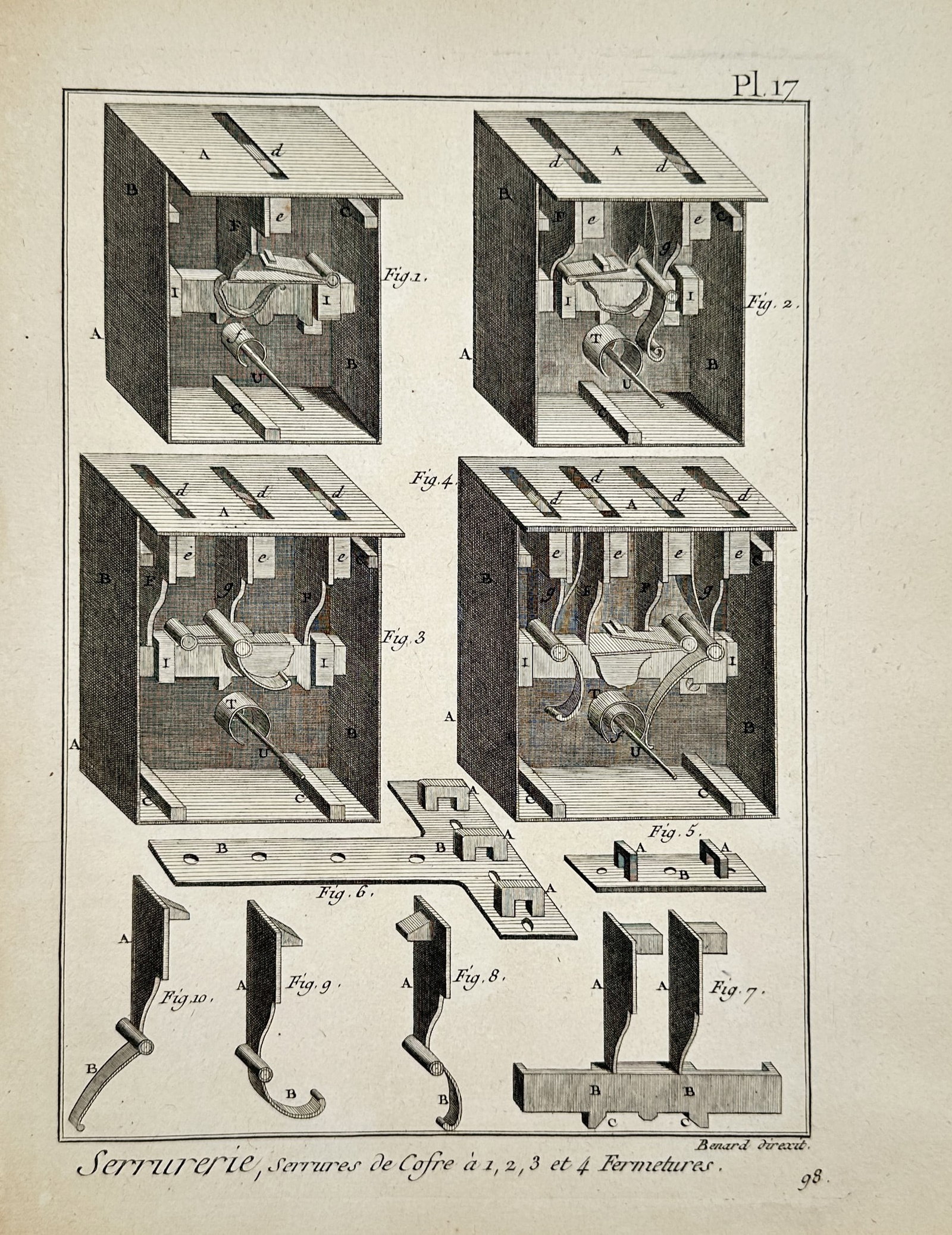 Robert Bénard – Technical Diagrams of Multi-Bolt Chest Lock Mechanisms – Engraving (1 of 2)