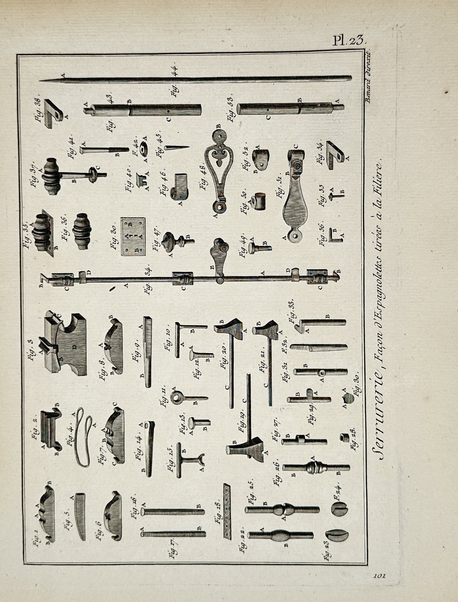 Robert Bénard – Technical Diagrams of Espagnolette Window Hardware components – Engraving (1 of 2)
