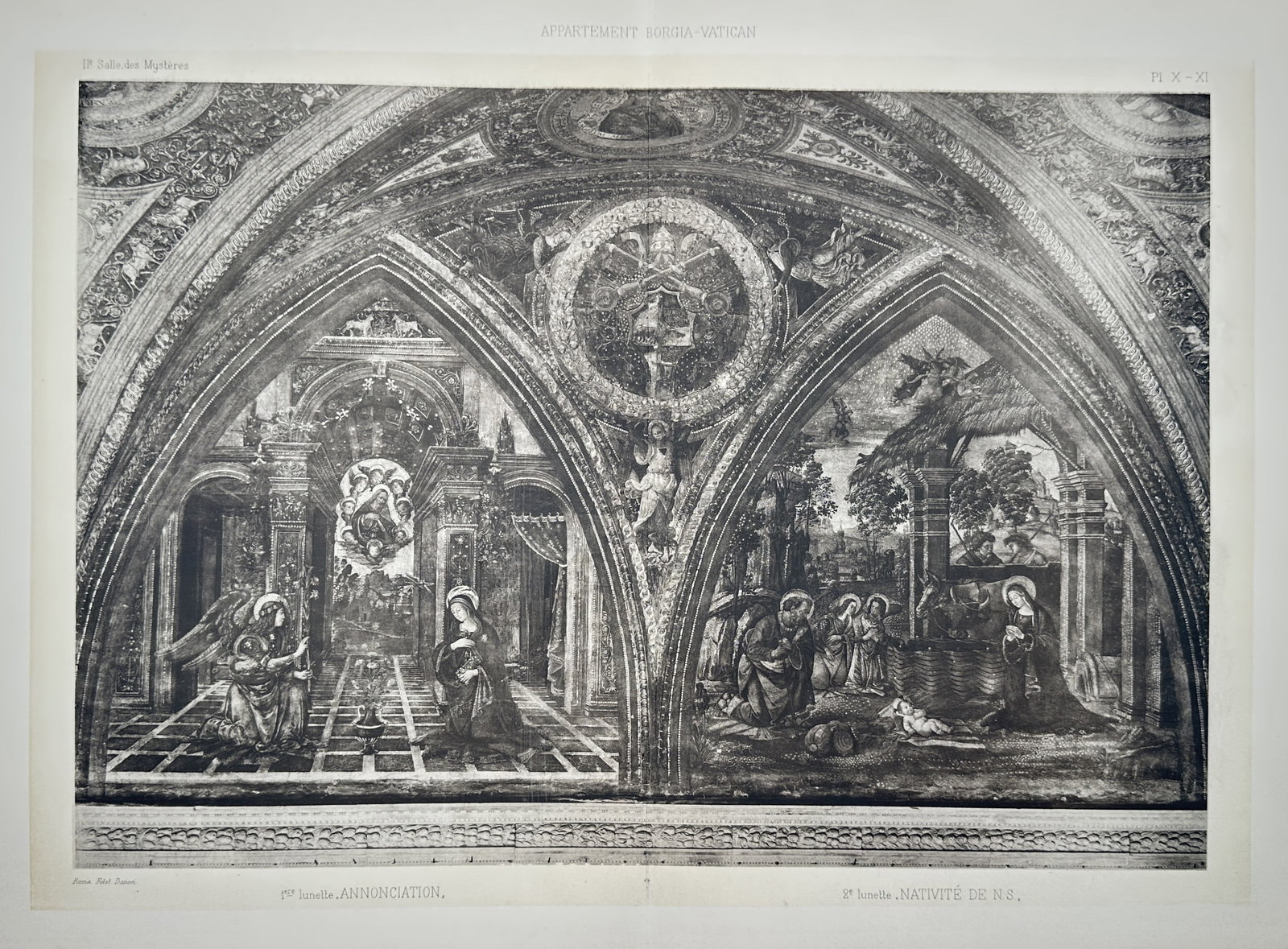 Pinturicchio, after – Double Lunette Frescoes of the Annunciation and Nativity – Photogravure: "Appartement Borgia-Vatican. Iere Lunette. Annonciation. 2e Lunette. Nativité de N. S.". This plate features a detailed rendering of the Italian Renaissance wall frescoes located within the Hall of t