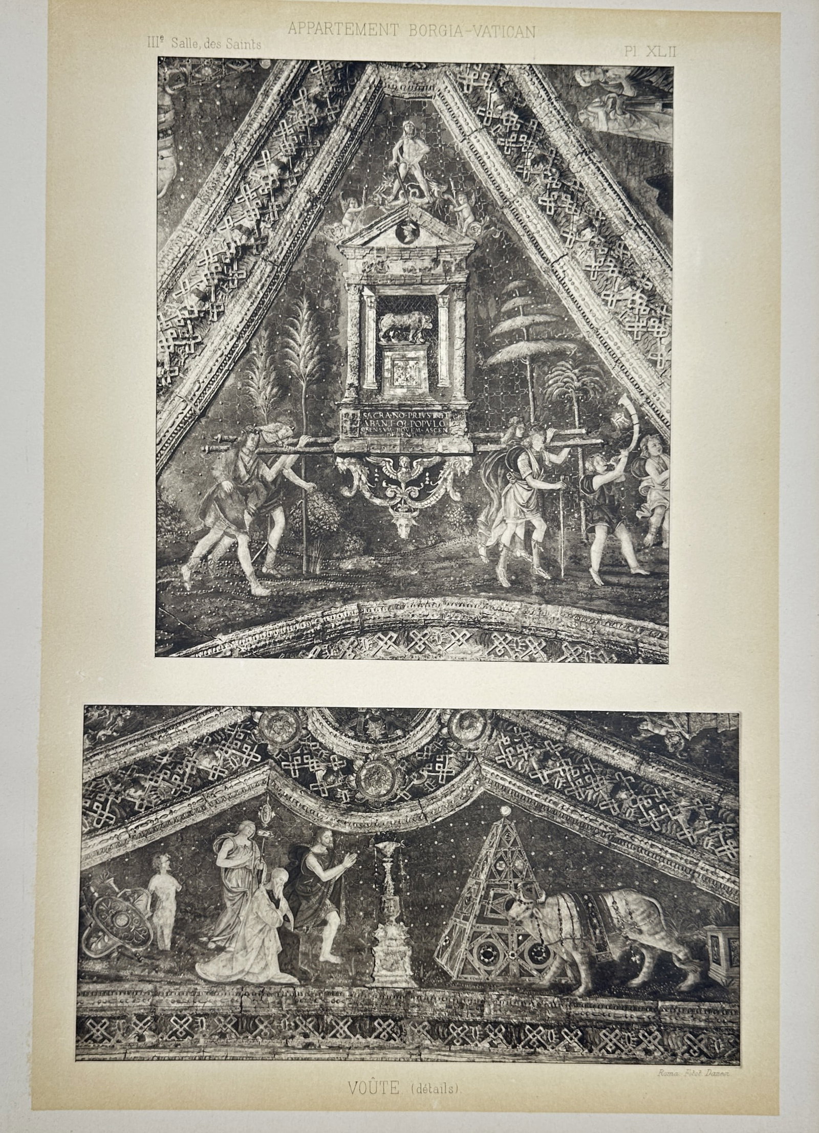 Pinturicchio, after – Ceiling Details of the Myth of Isis and Osiris in the Borgia Apartments: "Appartement Borgia-Vatican. Voûte. (Détails)". This plate features a detailed multi-view ceiling representation of the mythological narrative frescoes located within the Hall of the Saints in the V