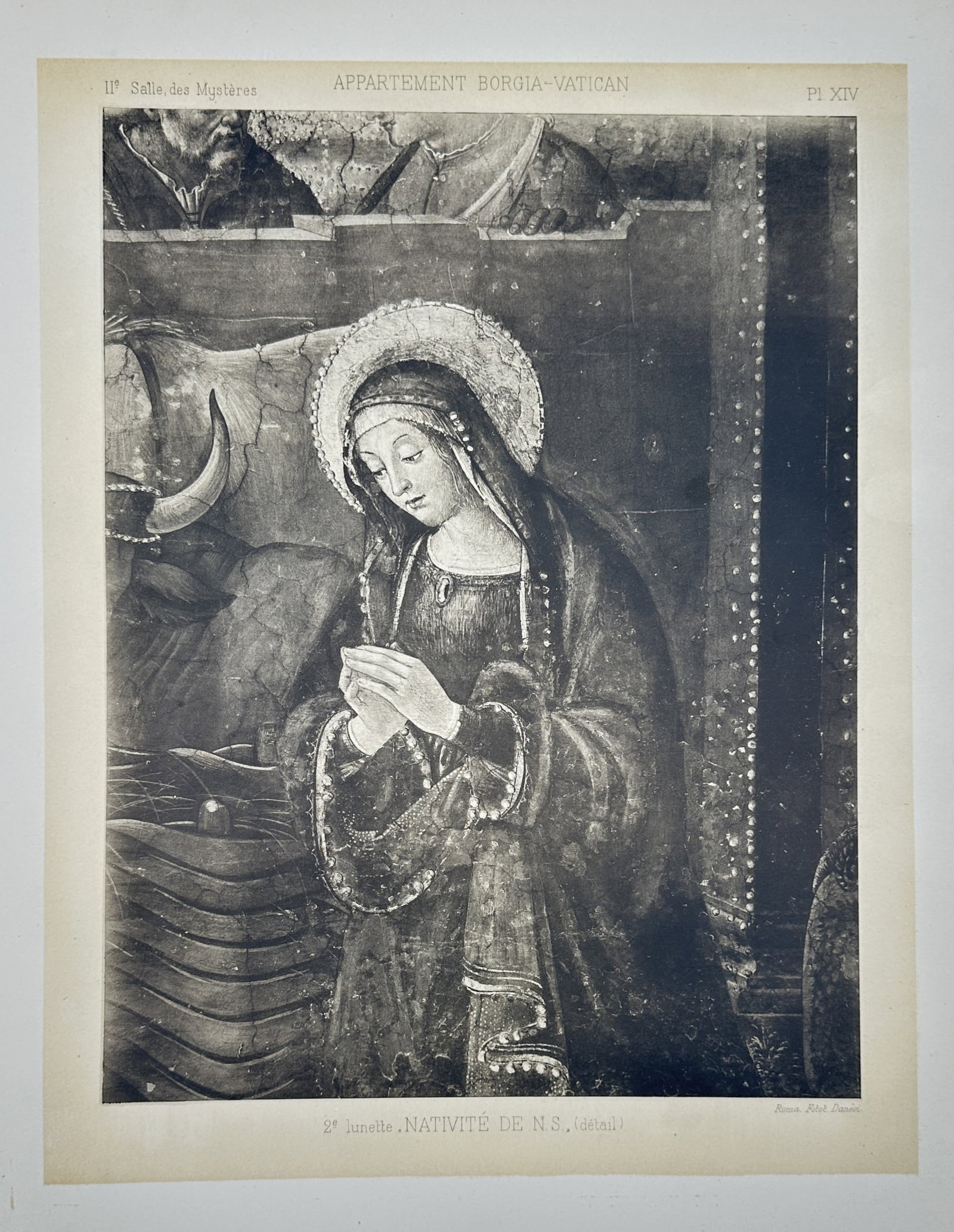 Pinturicchio, after – Detail of the Virgin Mary from the Nativity Fresco in the Borgia Apartments: "Appartement Borgia-Vatican. 2e lunette. Nativité de N.S. (Détail)". This plate features a detailed close-up rendering of a section from the Italian Renaissance wall fresco located within the Hall o