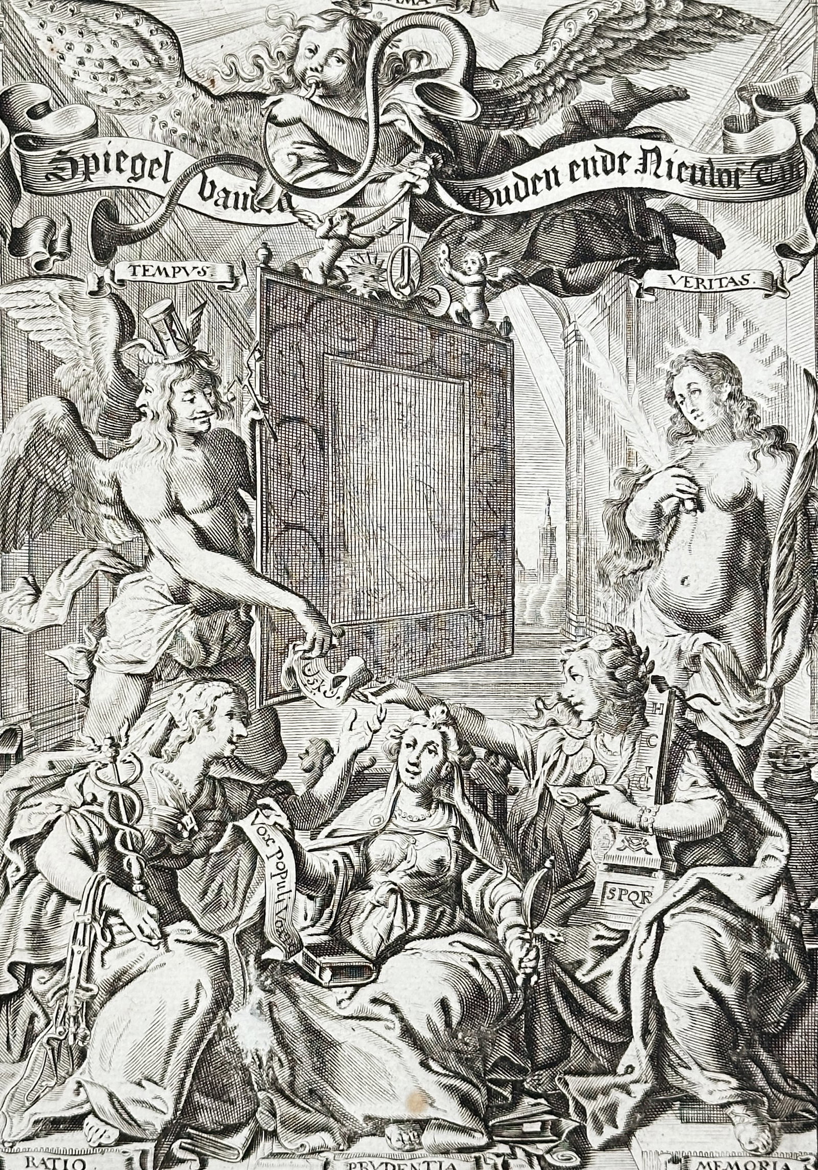 Jacob Cats (1577–1660) – Mirror of the Old and New Time – Engraving (1656): "Spiegel van den Ouden en Nieuwen Tyt" features an allegorical title scene depicting winged figures of Time and Truth alongside female personifications representing memory and prudence, situated below