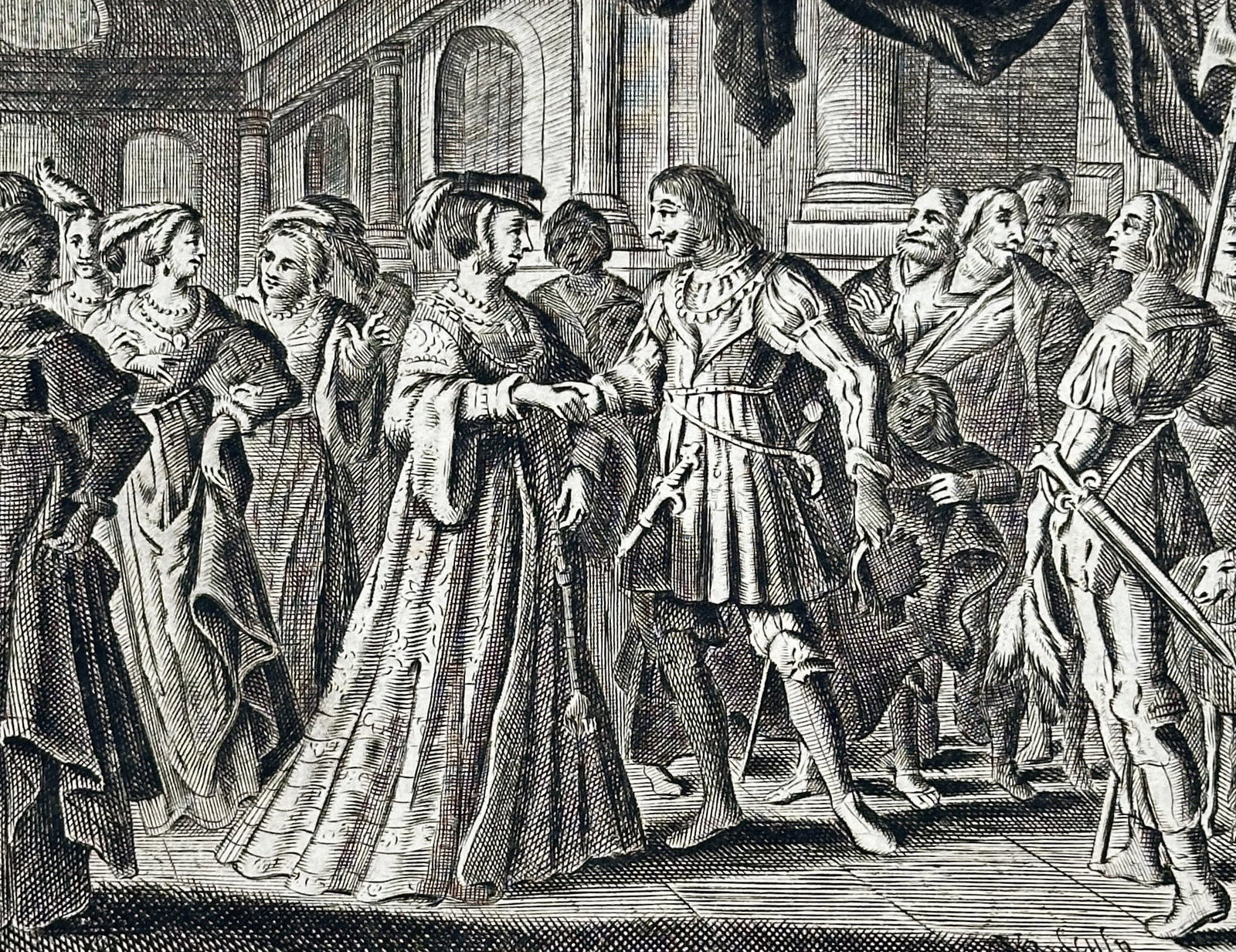Jacob Cats (1577–1660) – Illustration of a Courtly Scene with Elegantly Dressed Figures – (1 of 3)