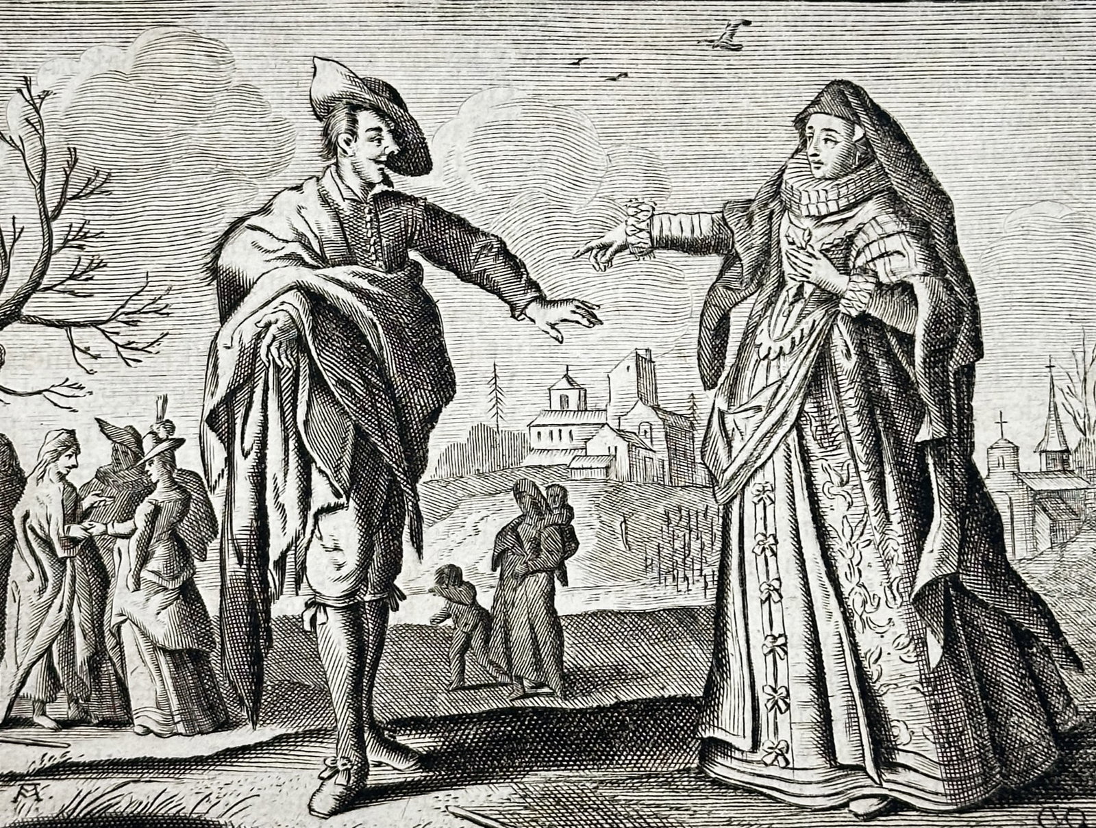 Jacob Cats (1577-1660) – Illustration of a Spanish Maiden – Engraving (1656): "Het Spaens Heydinnetje" depicts a courting scene between a man and a woman in a landscape with buildings, accompanied by Dutch verse, featured within the works of Jacob Cats, published in Amsterdam i