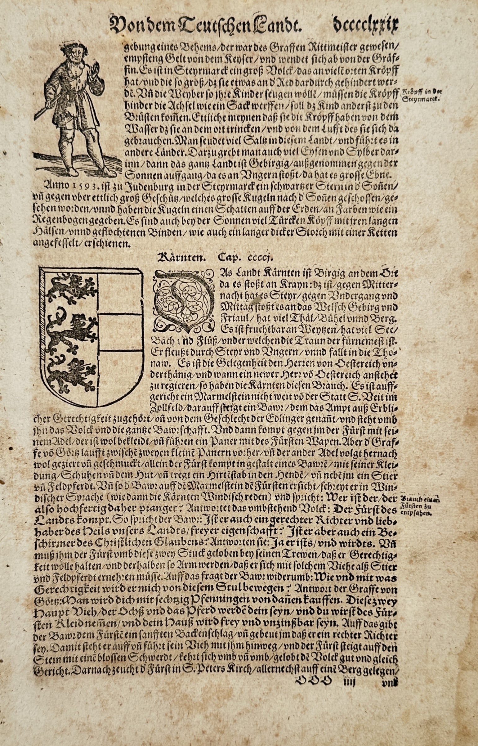 Sebastian Münster (1488-1552) – Vondem Teuschen Landt – Woodcut (c. 1544-1570): "Vondem Teuschen Landt" is a page from a descriptive work on German geography and culture, featuring a historical woodcut illustration and coat of arms. This work originates from the Cosmographia, a l