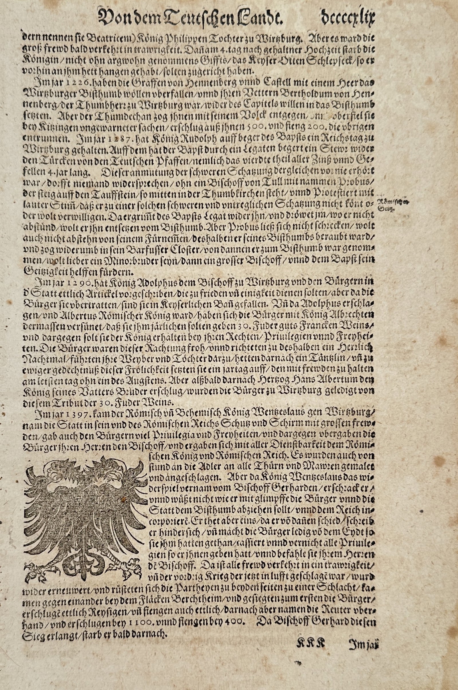 Sebastian Münster (1488-1552) – View of the Imperial Eagle – Woodcut (c. 1544-1570): "Vondem Teuschen Landt" is a page from a descriptive work on German history and geography, featuring a woodcut illustration of the Imperial double-headed eagle. This text originates from the Cosmograp