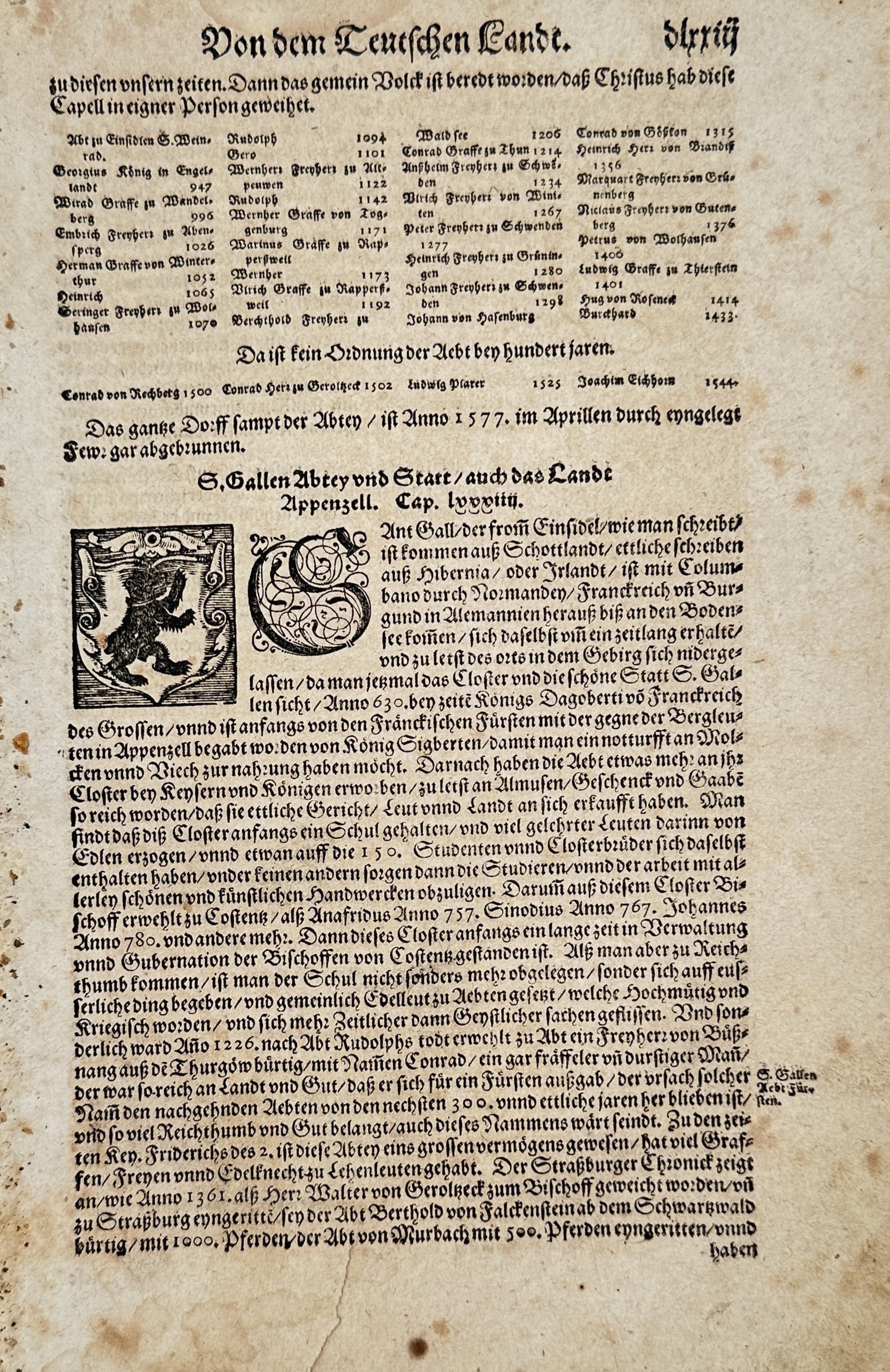 Sebastian Münster (1488-1552) – View of the Coat of Arms of St. Gallen – Woodcut (c. 1544-1570) (1 of 2)