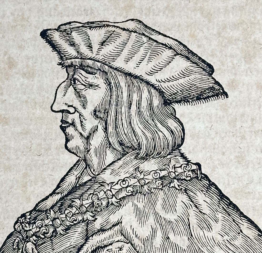 Sebastian Münster (1488-1552) – Portrait of Emperor Maximilian I – Woodcut (c. 1544-1570) (1 of 3)