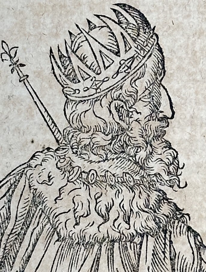 Sebastian Münster (1488-1552) – Portrait of Emperor Henry VII – Woodcut (c. 1544-1570): "Vondem Teuschen Landt" features a woodcut portrait of Holy Roman Emperor Henry VII wearing a crown and holding a sceptre, integrated into regional historical text. This page is from the Cosmographia,