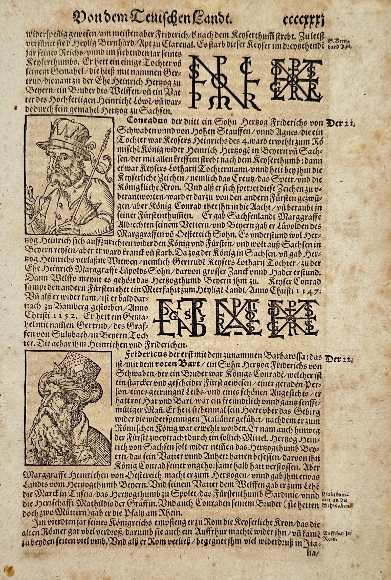 Sebastian Münster (1488-1552) – Portraits of Conrad III and Frederick I Barbarossa – Woodcut: "Vondem Teuschen Landt" features two woodcut portraits depicting Holy Roman Emperors Conrad III and Frederick I Barbarossa along with groups of monogrammatic royal monograms integrated into regional h