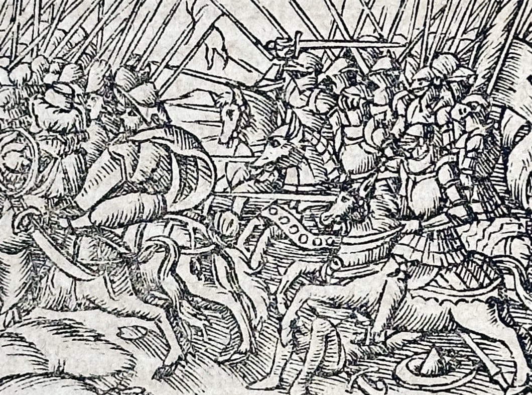 Sebastian Münster (1488-1552) – View of a Battle Scene in a Swamp – Woodcut (c. 1544-1570) (1 of 3)