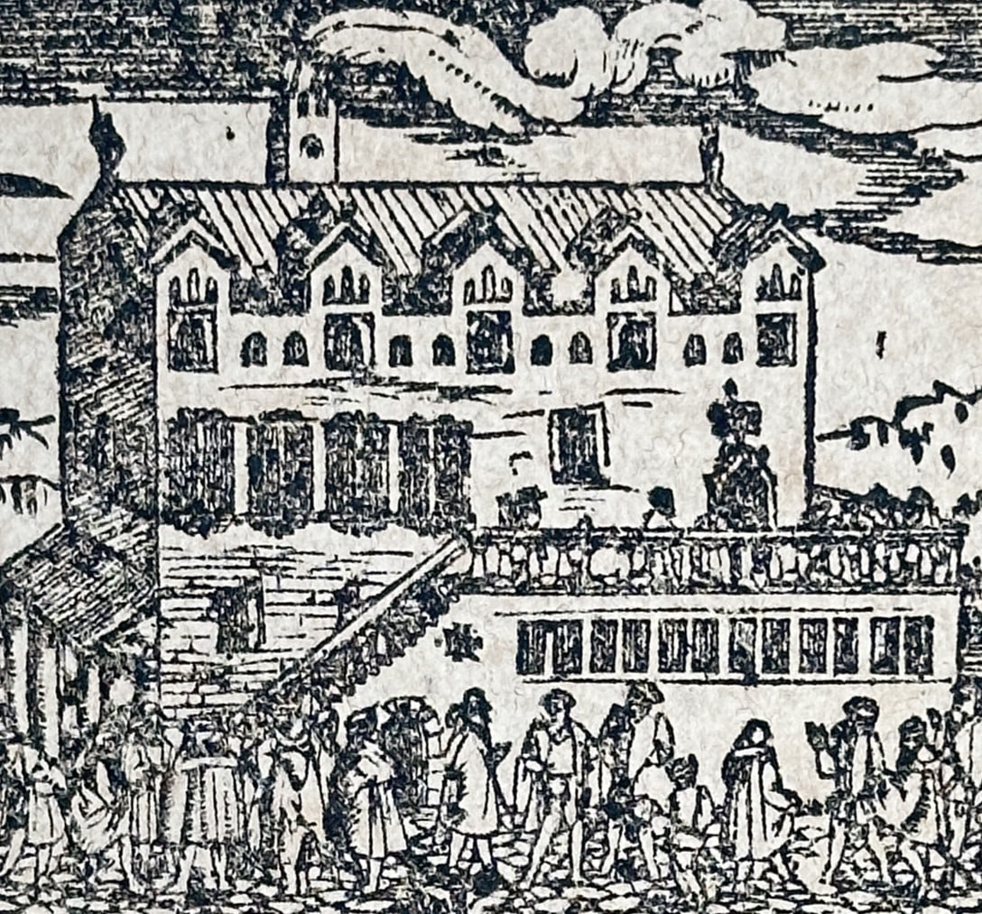 Sebastian Münster (1488-1552) – View of a Building in Sardinia – Woodcut (c. 1544-1570): "Das Ander Buch" features a woodcut illustration depicting a prominent building alongside an ornate initial letter, integrated into historical and cultural text regarding the island of Sardinia. This 