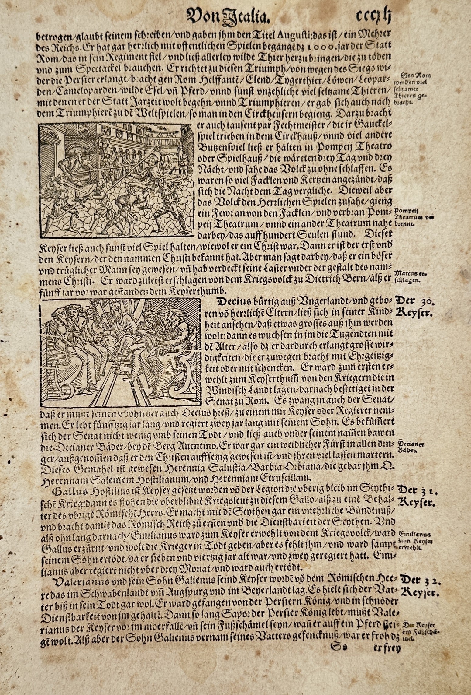 Sebastian Münster (1488-1552) – View of a Theatre and a Roman General – Woodcut (c. 1544-1570): "Von Italia" features two woodcut illustrations, one depicting an ancient amphitheatre or gladiatorial games and the other showing a Roman military leader or emperor on a balcony addressing his soldie