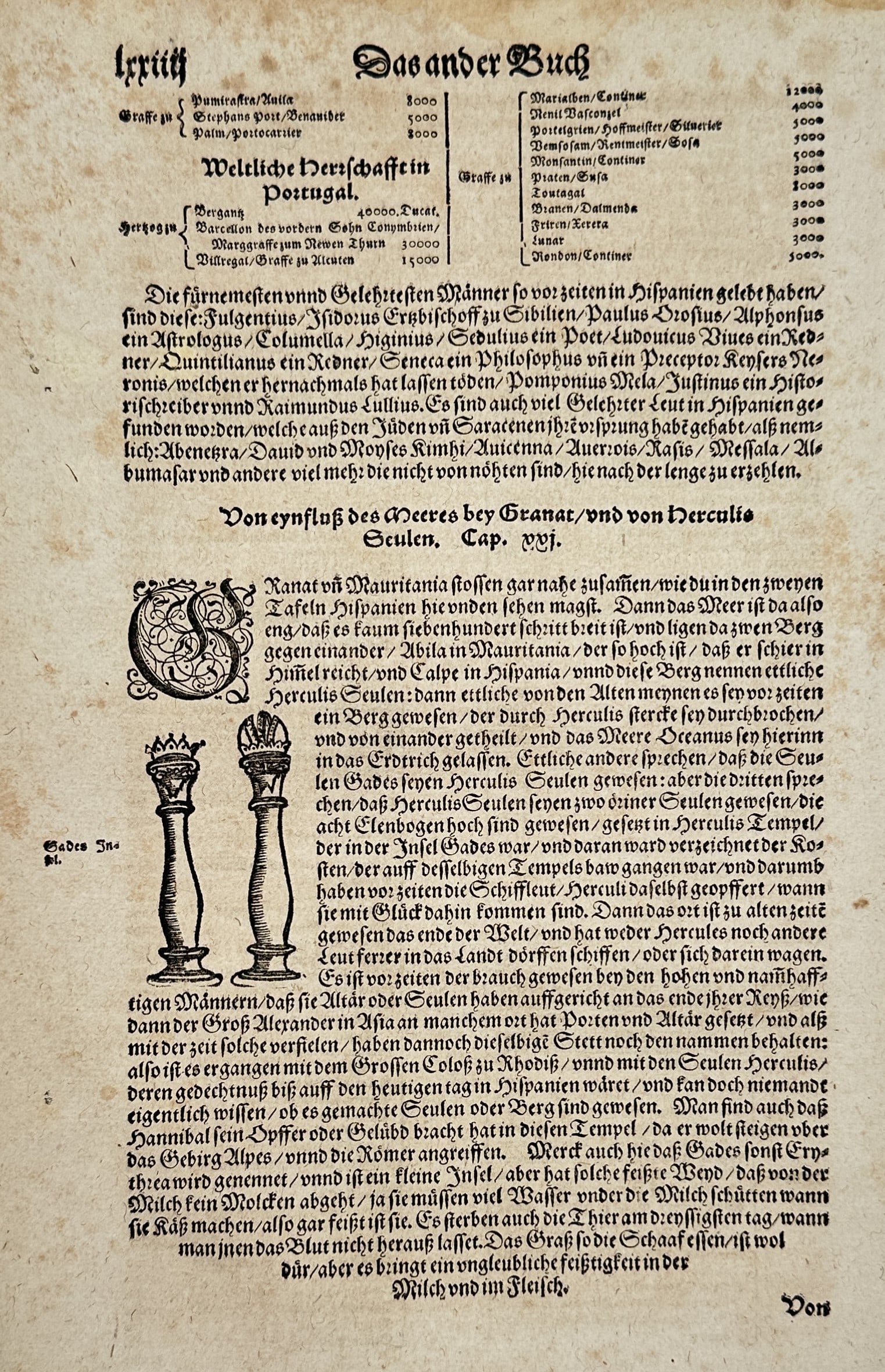 Sebastian Münster (1488-1552) – View of the Pillars of Hercules – Woodcut (c. 1544-1570) (1 of 2)
