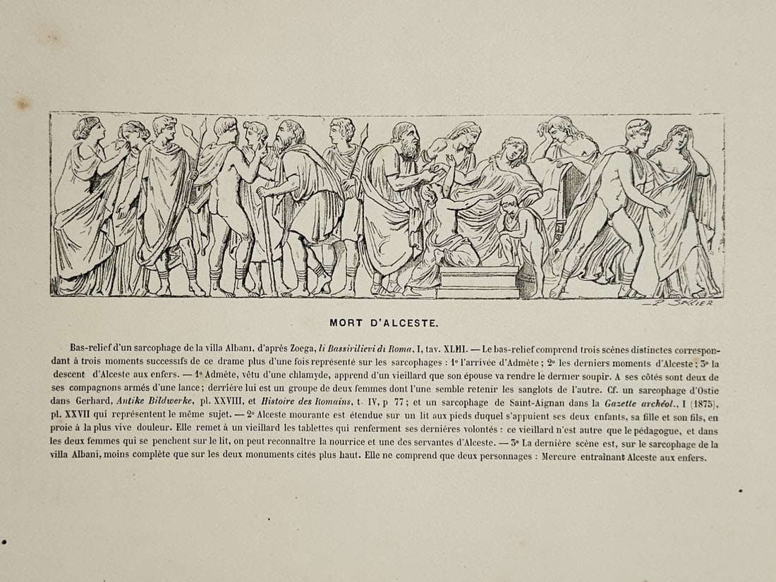 Victor Duruy (1811–1894) – View of the Death of Alcestis Sarcophagus – Engraving (1883–1888) (1 of 2)