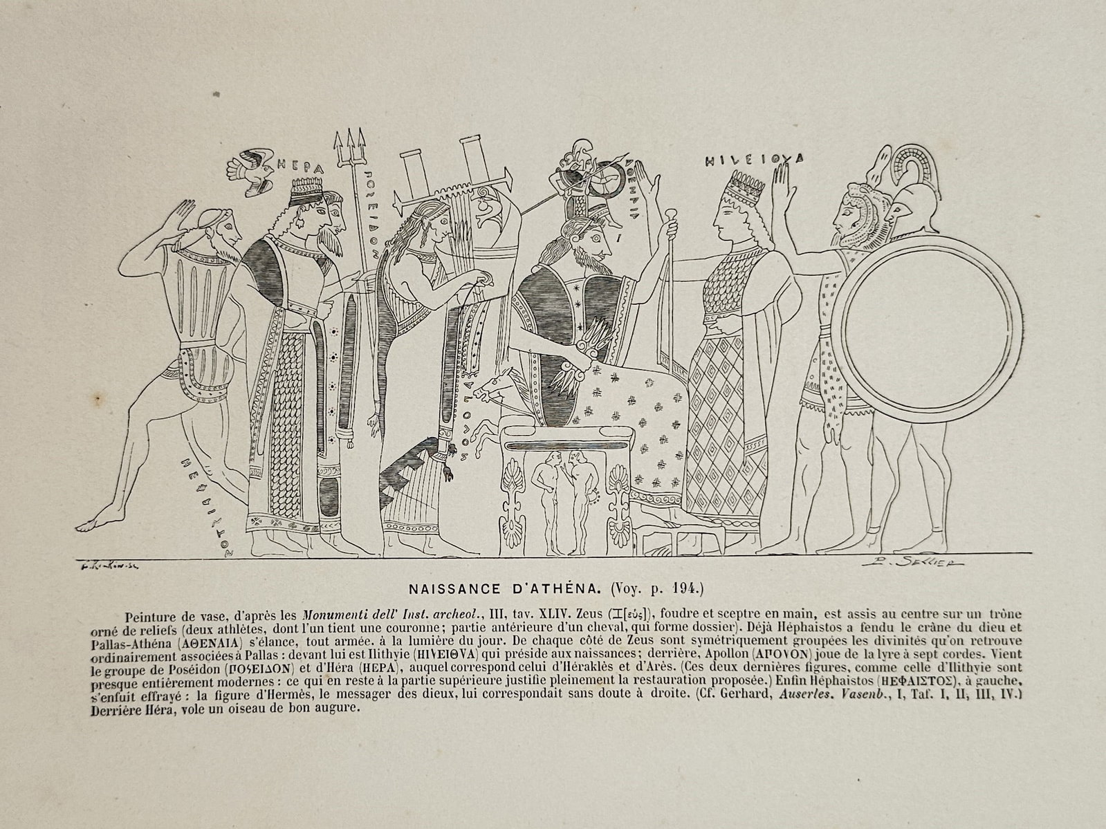 Victor Duruy (1811–1894) – View of the Birth of Athena – Engraving (1883–1888): Naissance d'Athena depicts a classical scene reproduced from an ancient Greek vase painting representing the mythological birth of Athena emerging fully armed from the head of Zeus, who is seated on a