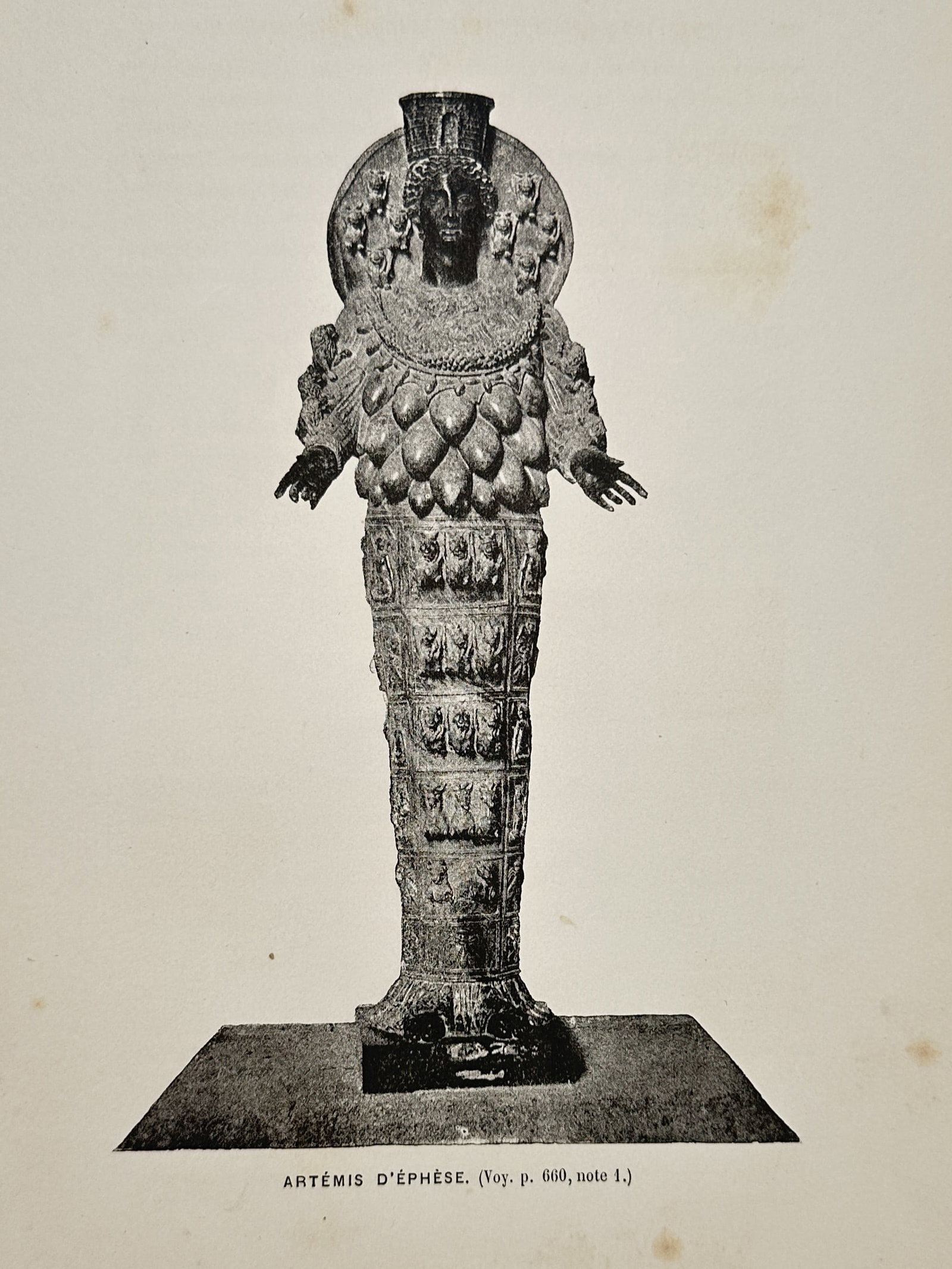 Victor Duruy (1811–1894) – View of Artemis of Ephesus – Engraving (1883–1888): Artemis d'Ephese depicts the famous ancient cult statue representation of the goddess Artemis of Ephesus, showcasing her traditional multi-breasted or bull-testicle adornments, turreted crown, and a t