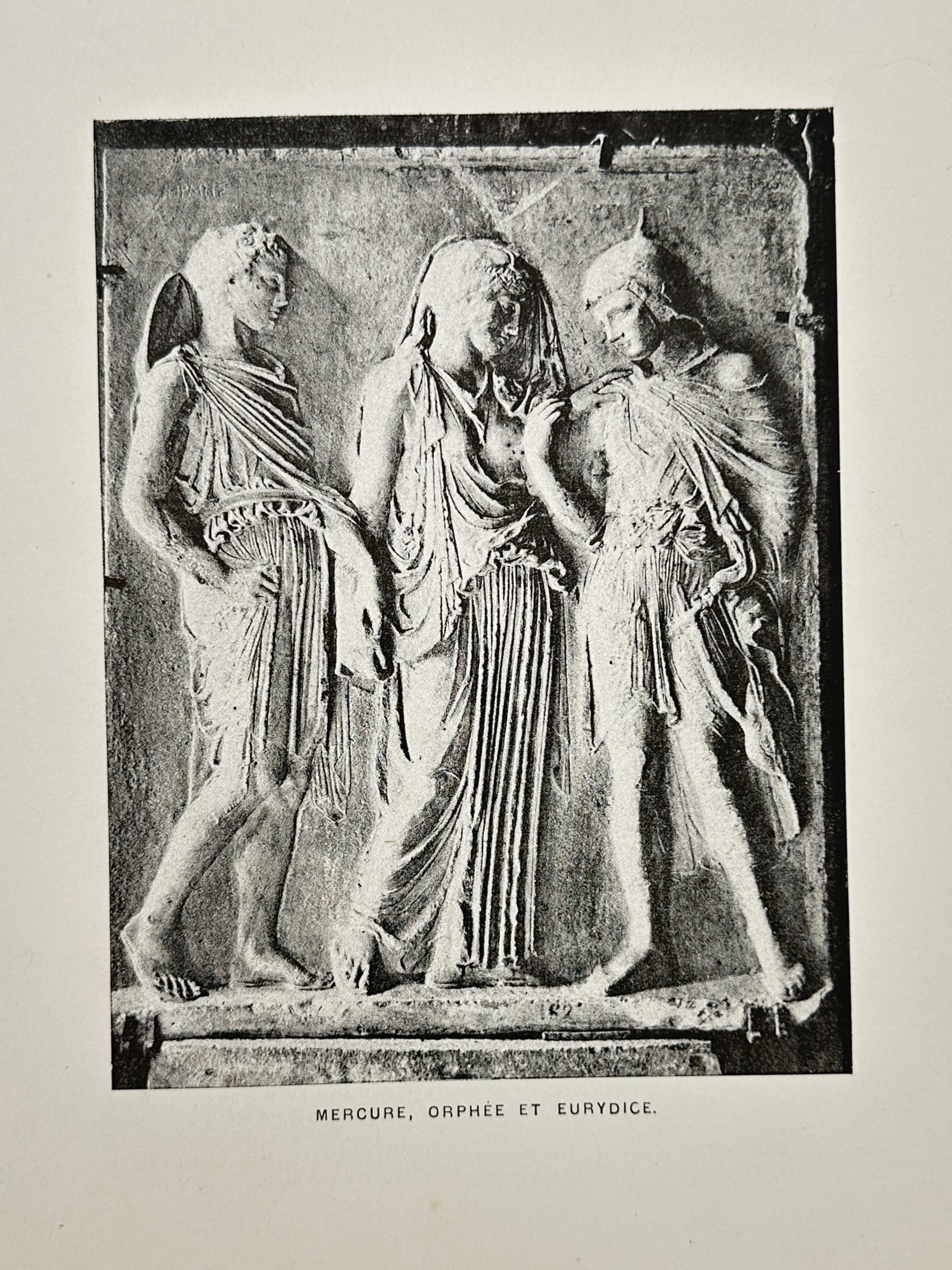 Victor Duruy (1811–1894) – View of Mercury, Orpheus and Eurydice – Engraving (1883–1888): Mercure, Orphee et Eurydice depicts a famous classical Greek low-relief sculpture capturing the poignant mythological moment of parting where Hermes takes the hand of Eurydice to lead her back to the 