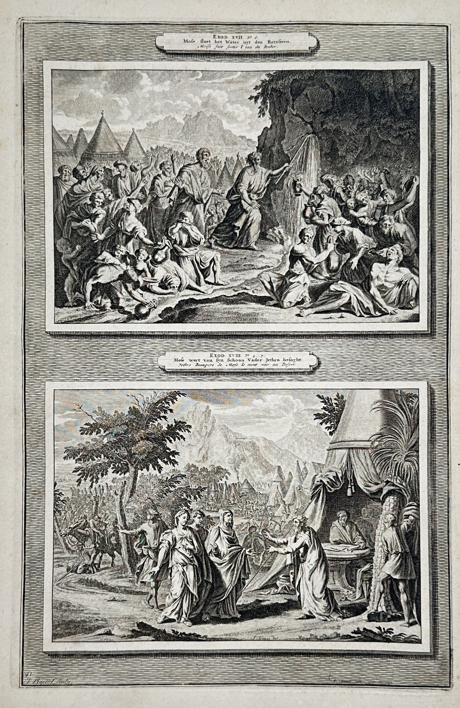 Pieter Mortier – View of Moses Striking the Rock and Moses and Aaron Before Pharaoh – Engraving (1 of 2)
