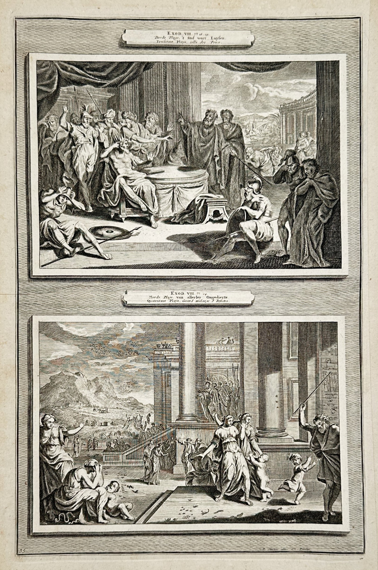 Pieter Mortier – View of Moses and Aaron Turning Rods into Serpents and The Plague of Hail: Exode VII & IX depicts two dramatic biblical narrative scenes from the Old Testament printed on a single sheet: the upper composition illustrates Aaron casting down his rod before Pharaoh and his cour