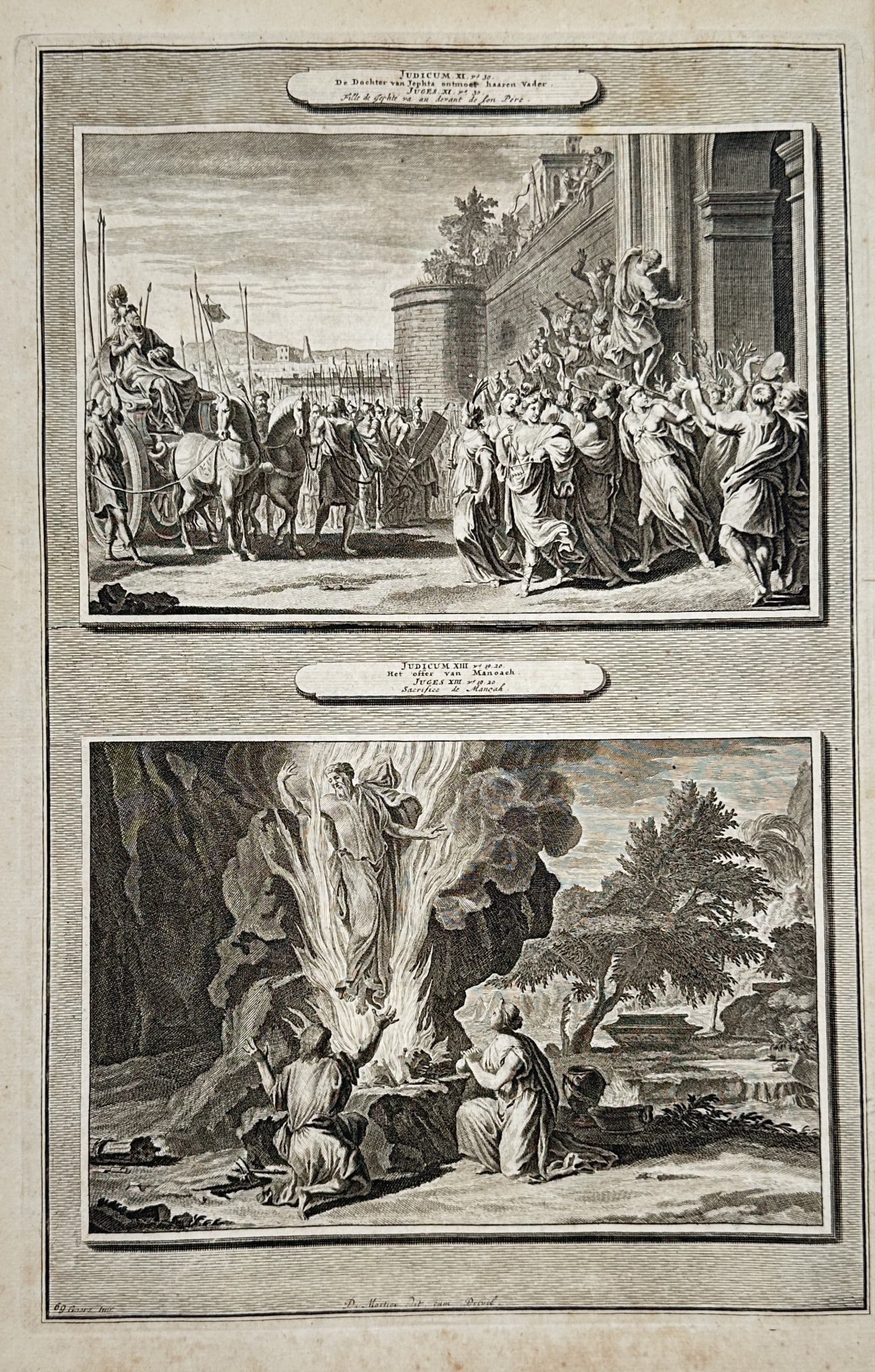 Pieter Mortier – View of Jephthah Meeting His Daughter and The Angel Ascending in the Flame: Judic. XI & XIII depicts two profound biblical narrative scenes from the Book of Judges printed on a single sheet: the upper composition illustrates the tragic return of the warrior Jephthah, who is m