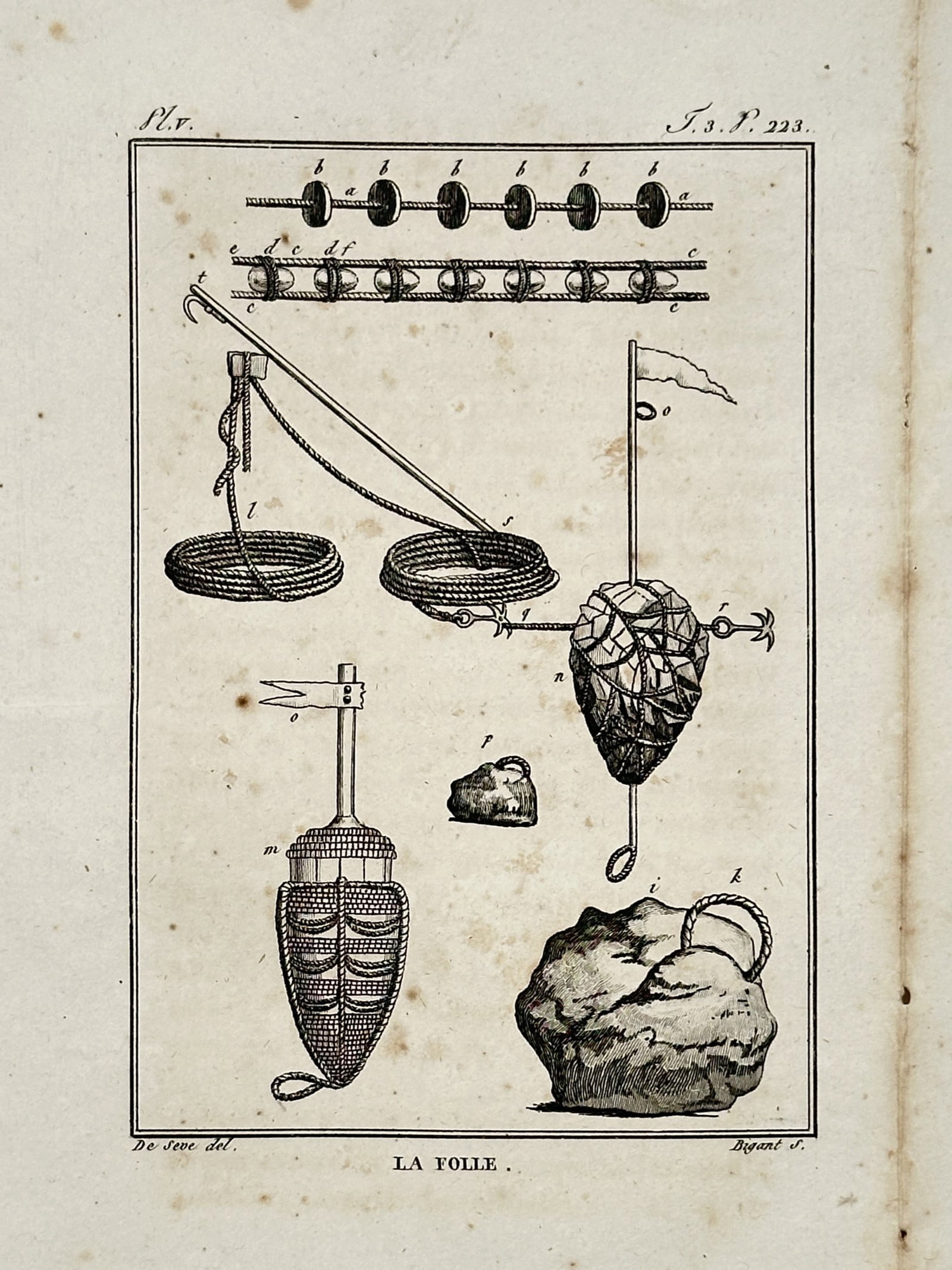 Georges-Louis Leclerc, Comte de Buffon – View of Fishing Equipment – Engraving (c. 1749–1788): "La Folle" depicts a technical and natural history study of maritime fishing equipment, showing detailed diagrams of weighted nets, coiled lines with anchor hooks, a flagged indicator buoy assembly wr