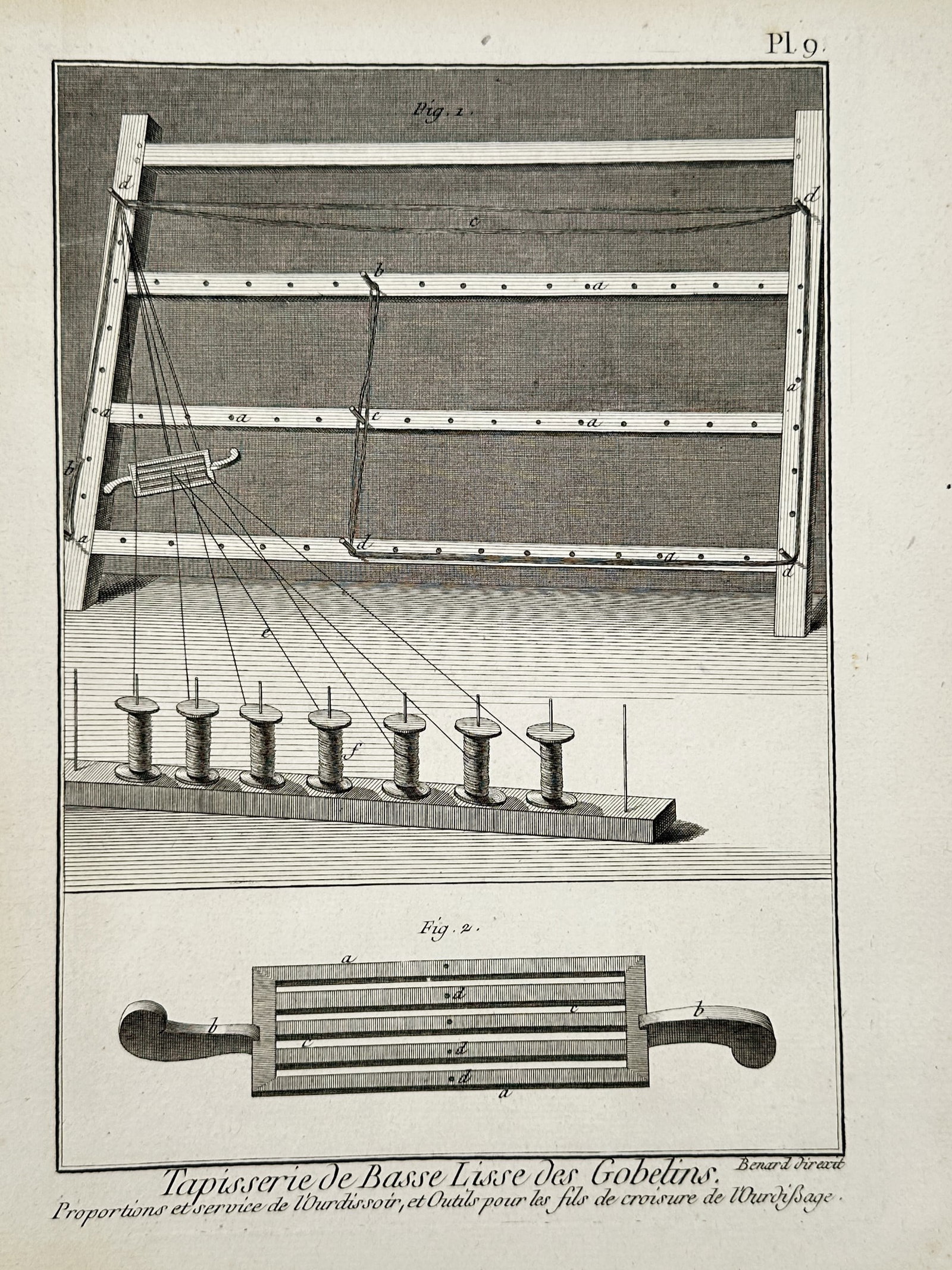 Robert Bénard – View of Gobelins Tapestry Warping Frame and Weaving Tools – Engraving (1 of 2)