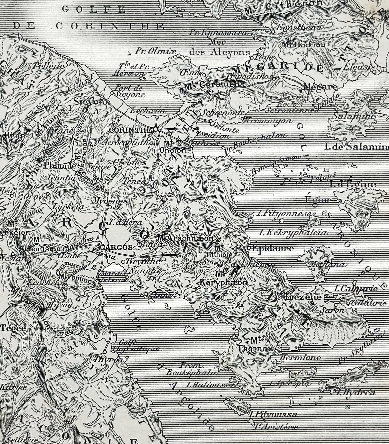 Victor Duruy (1811–1894) – Map of Argolis – Greece – Engraving (1870): "Carte de l'Argolide" illustrates the topography and geographical layout of the Argolis region in ancient Greece, detailing various city-states, coastal features, and mountain ranges. This engraving w