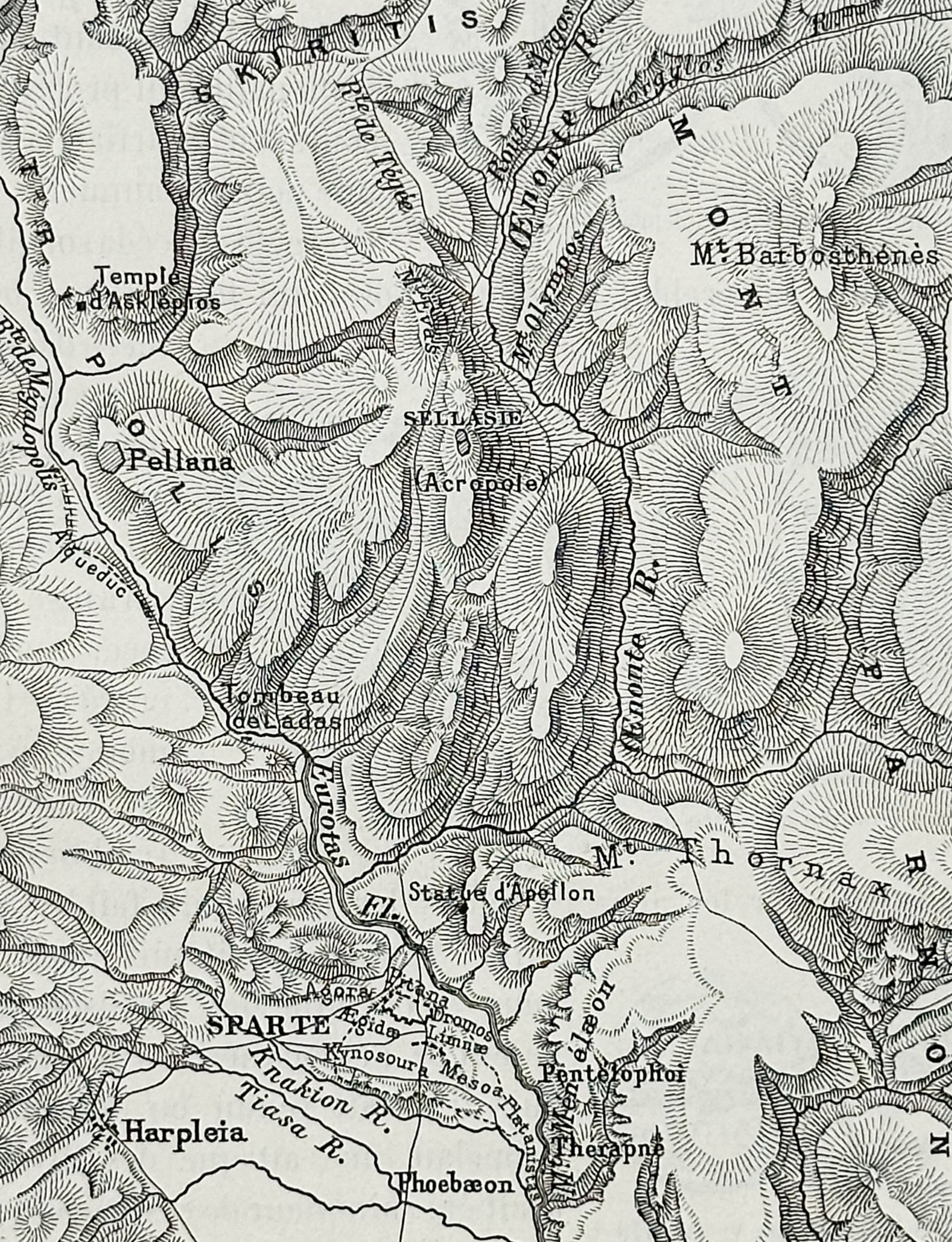 Victor Duruy (1811–1894) – Map of Sellasia and the Oenus Valley – Greece – Engraving (1870): "Sellasie et le val de l'Oenonte" depicts the topographical layout of the region surrounding Sellasia, providing a strategic perspective on the terrain during ancient military engagements. This engrav