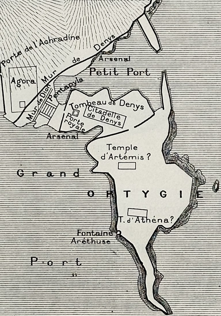 Victor Duruy (1811–1894) – Map of Ortygia – Italy – Engraving (1870): "Plan d'Ortygie" illustrates the strategic harbor and urban layout of the island of Ortygia in Syracuse, detailing the location of arsenals, temples, and coastal fortifications. This engraving appears