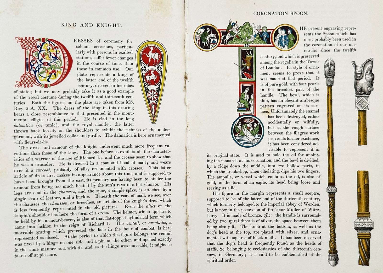 Henry Shaw (1800–1873) – Set of 2: King, Knight, and Coronation Spoon – Engraving (1843): "King and Knight" and "Coronation Spoon" provide scholarly descriptions and illustrations of regal costumes, medieval armor, and historical ceremonial regalia. These works were published in London as 