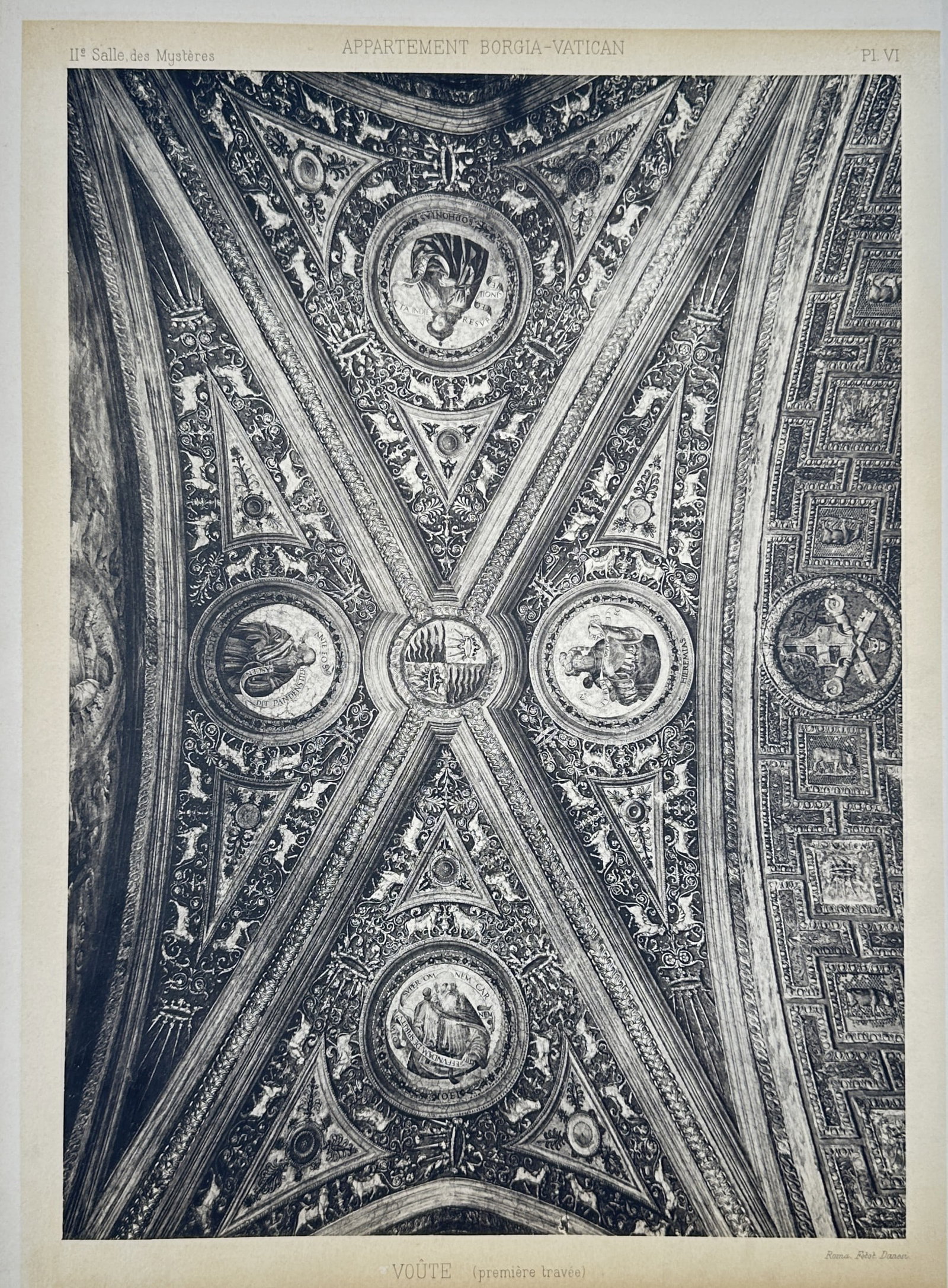 Pinturicchio, after – Vault (third bay), Borgia Apartment –Vatican – Photogravure (c.: "Voute (troisieme travee)" translates to Vault (third bay) and depicts the intricate Renaissance fresco cycle and elaborate stucco work within a chamber of the Borgia Apartments in the Vatican. This p