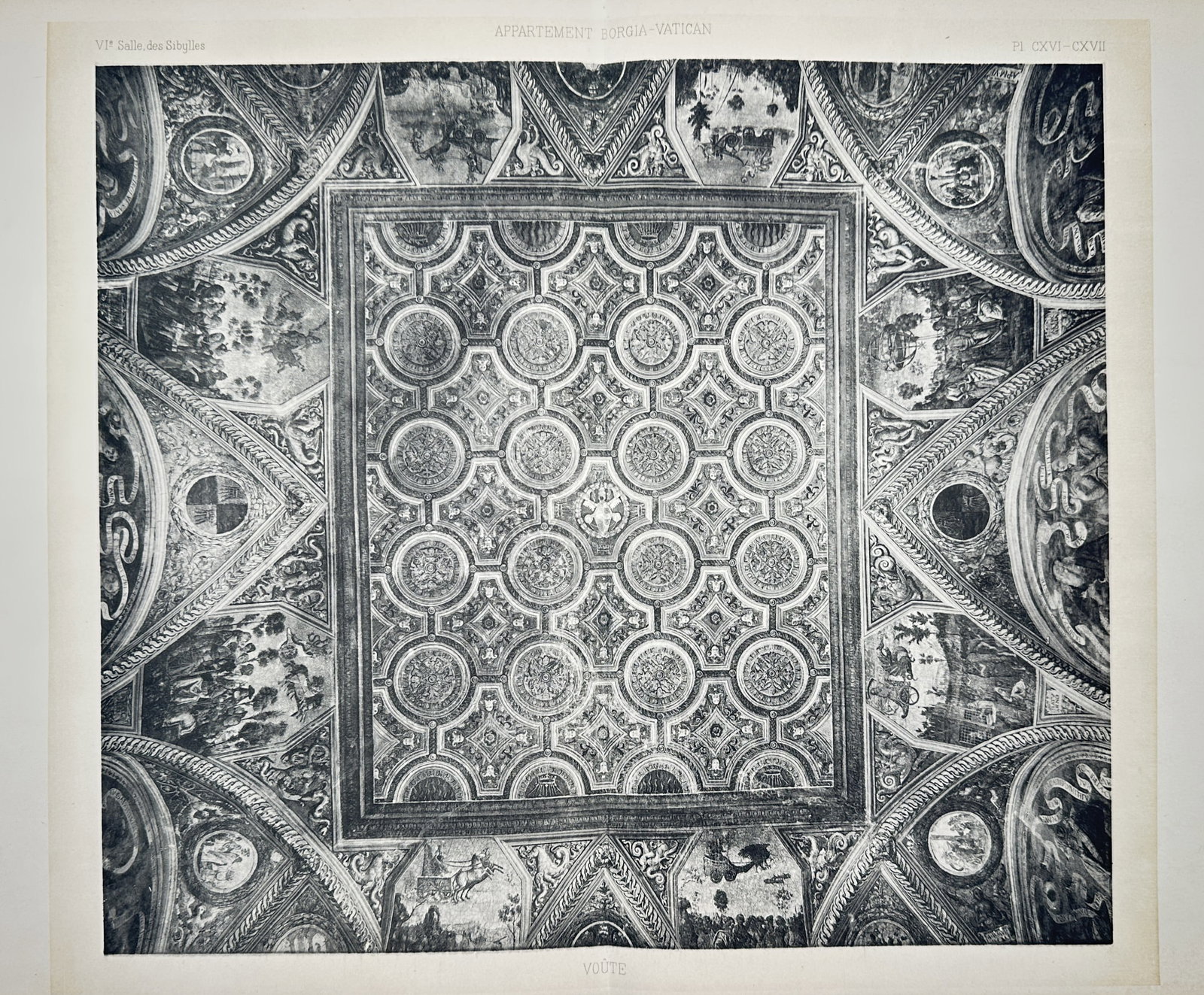 Pinturicchio, after – Vault, Borgia Apartment –Vatican – Photogravure (c. 1890–1910): "Voute" depicts the intricate Renaissance fresco cycle and geometric coffered ceiling within the Hall of the Sibyls of the Borgia Apartments in the Vatican. This photogravure captures the elaborate ce