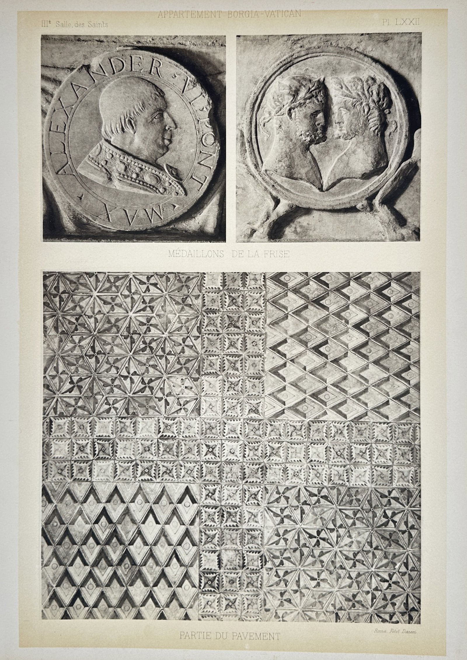 Pinturicchio, after – Medallions from the frieze and part of the pavement – Photogravure: "Medaillons de la frise" and "Partie du pavement" depict sculptural portrait medallions and geometric floor tiles within the Hall of the Saints of the Borgia Apartments in the Vatican. This photogravu