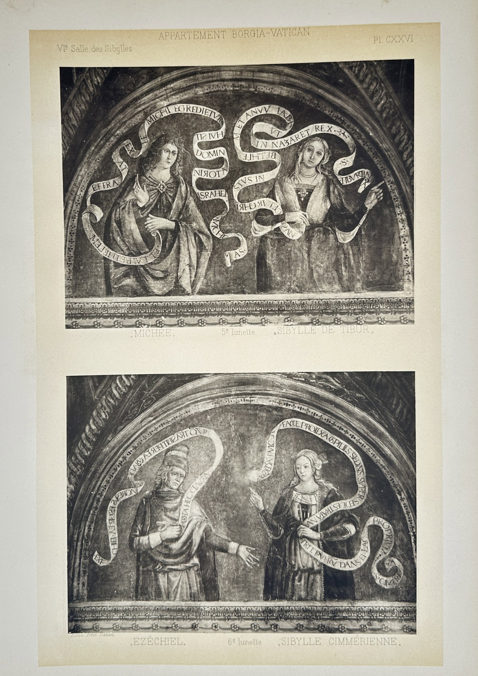 Pinturicchio, after – Micah, Tiburtine Sibyl, Ezekiel, Cimmerian Sibyl – Photogravure (c.: "Michee, Sibylle de Tibur, Ezechiel, Sibylle Cimmerienne" depicts the frescoed lunettes from the Hall of the Sibyls within the Borgia Apartments of the Vatican. This photogravure documents the iconogr