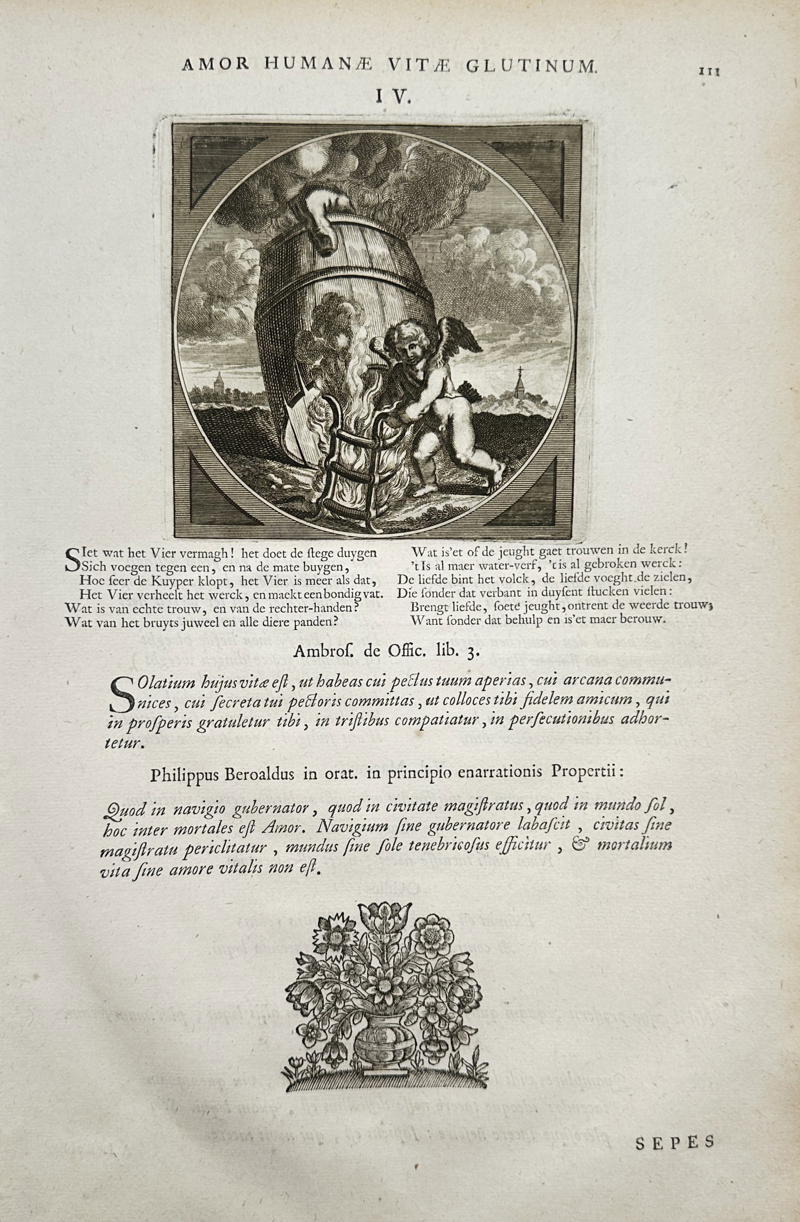 Jacob Cats (1577–1660) – Emblem on Love and Friendship – Copper engraving (1625): "Amor Humanae Vitae Glutinum" is an antique Dutch emblem print displaying a moral and philosophical study on the binding power of love and friendship within a symmetrical typographical layout. The com