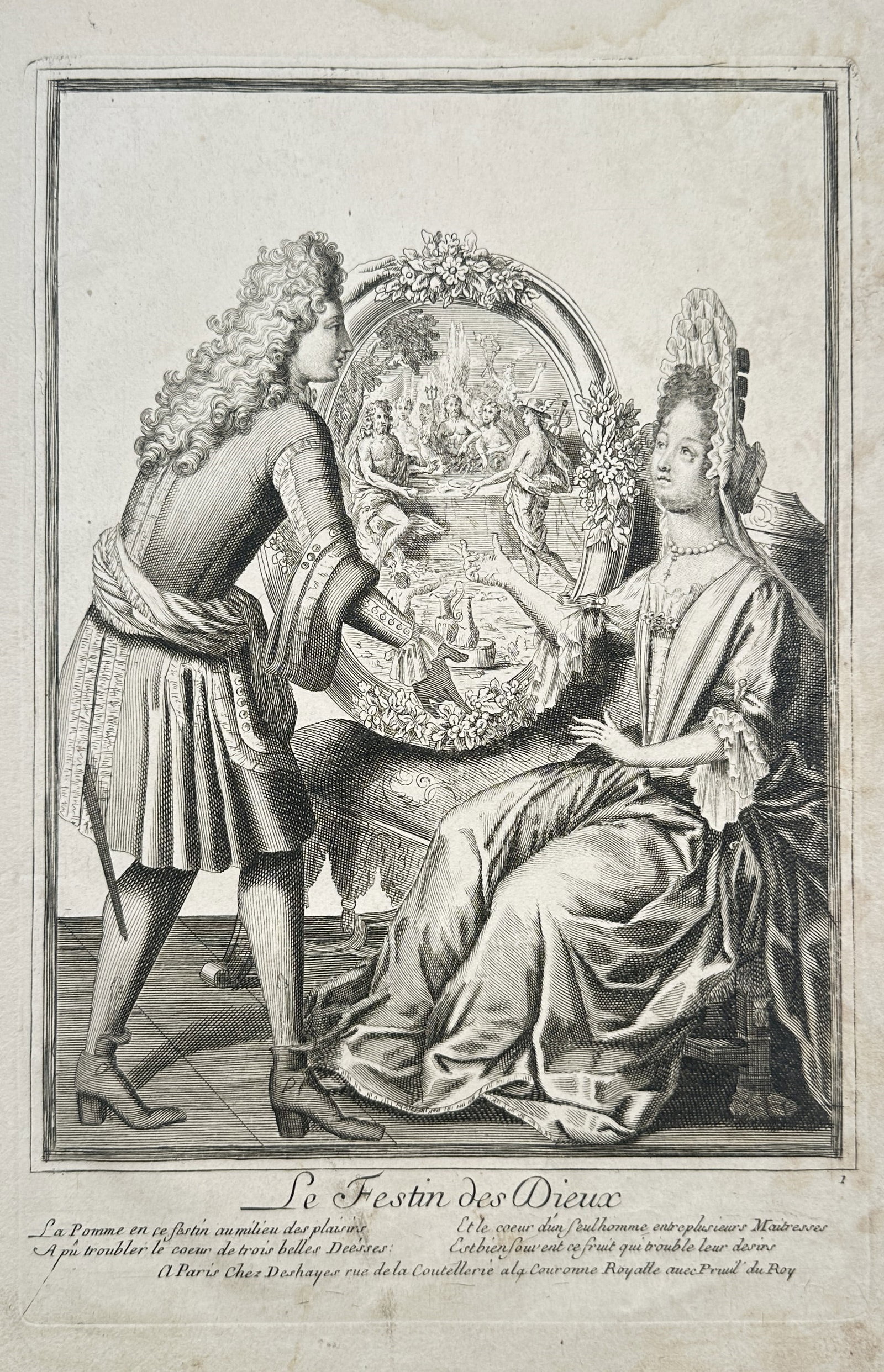 Nicolas Deshayes (active c. 1680–1720) – The Feast of the Gods – Engraving (c. 1700): "Le Festin des Dieux" is an antique French genre print displaying an allegorical, courtly, and mythological study from the reign of Louis XIV. The composition illustrates an elegant palace interior wh